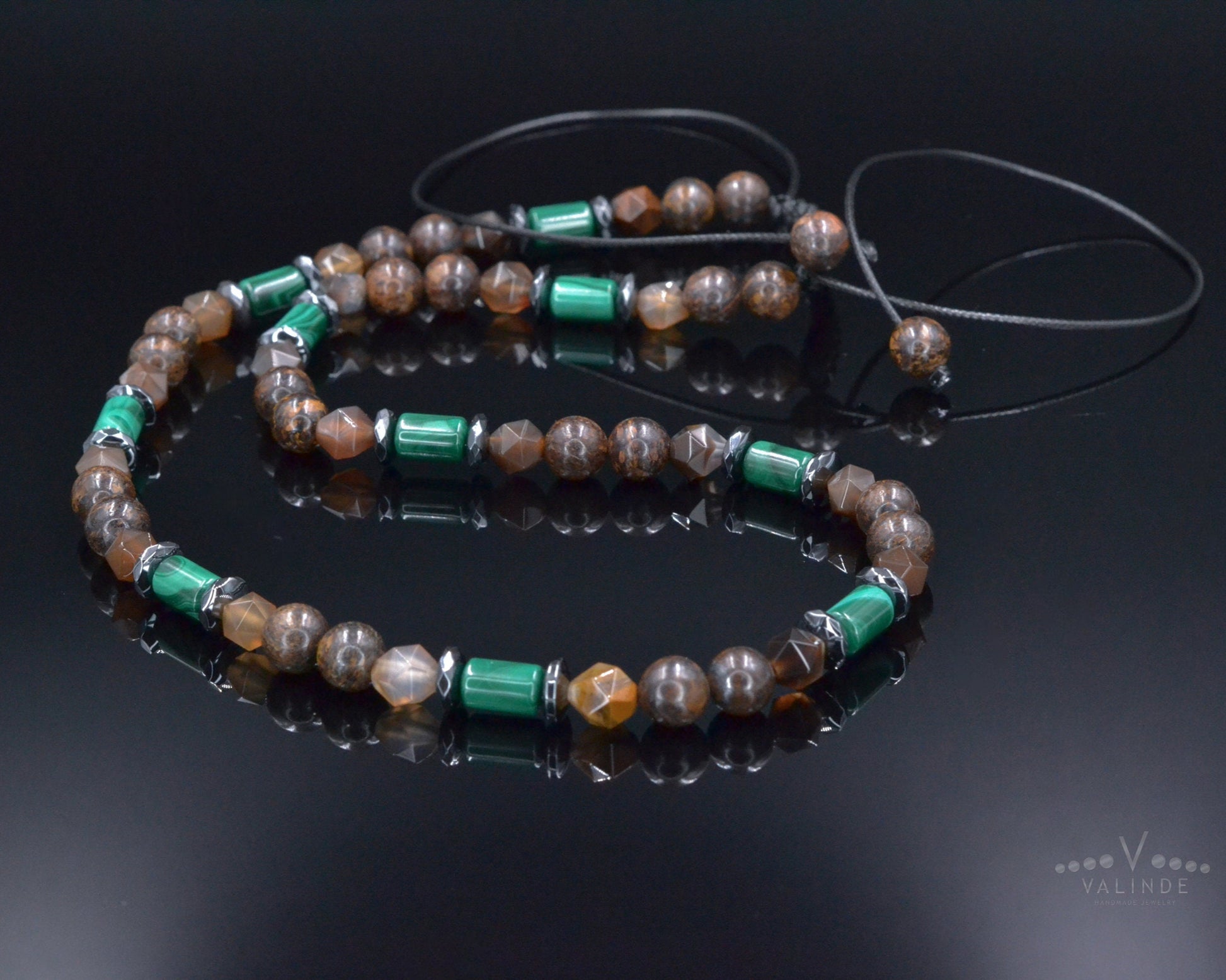 Malachite Bronzite Beaded Necklace, Men's Short Adjustable Necklace, Brown Agate Crystal Necklace, Gift for Men, Hematite Stone Necklace - Shamballa Necklace - Birthstone Necklace - Gemstone Necklace Men - Chakra Necklace - Yoga Necklace - Mantra Necklace -Macrame Necklace  - Healing Necklace - Valinde
