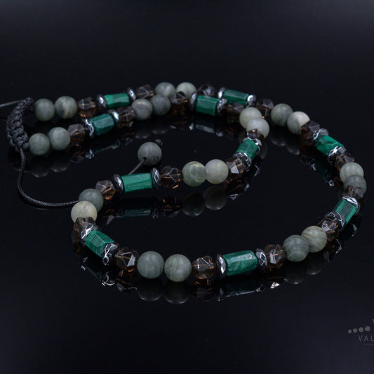 Raw Malachite Necklace for Men - Men's Short Crystal Necklace - Smoky Quartz and Agate Beaded Necklace - Gift for Men - Adjustable Necklace- Shamballa Necklace - Birthstone Necklace - Gemstone Necklace Men - Chakra Necklace - Macrame Necklace  - Healing Necklace - Valinde