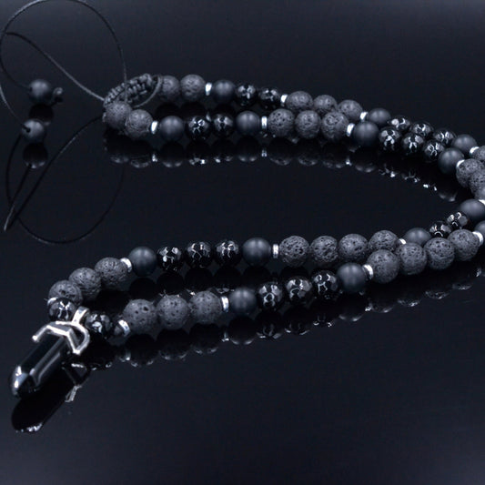 Men's Agate Pendant Necklace - Black Lava Stone Onyx Bead Necklace - Adjustable Short Necklace - Gift for Men - Black Agate Necklace - Shamballa Necklace - Birthstone Necklace - Gemstone Necklace Men - Chakra Necklace - Macrame Necklace  - Healing Necklace - Valinde