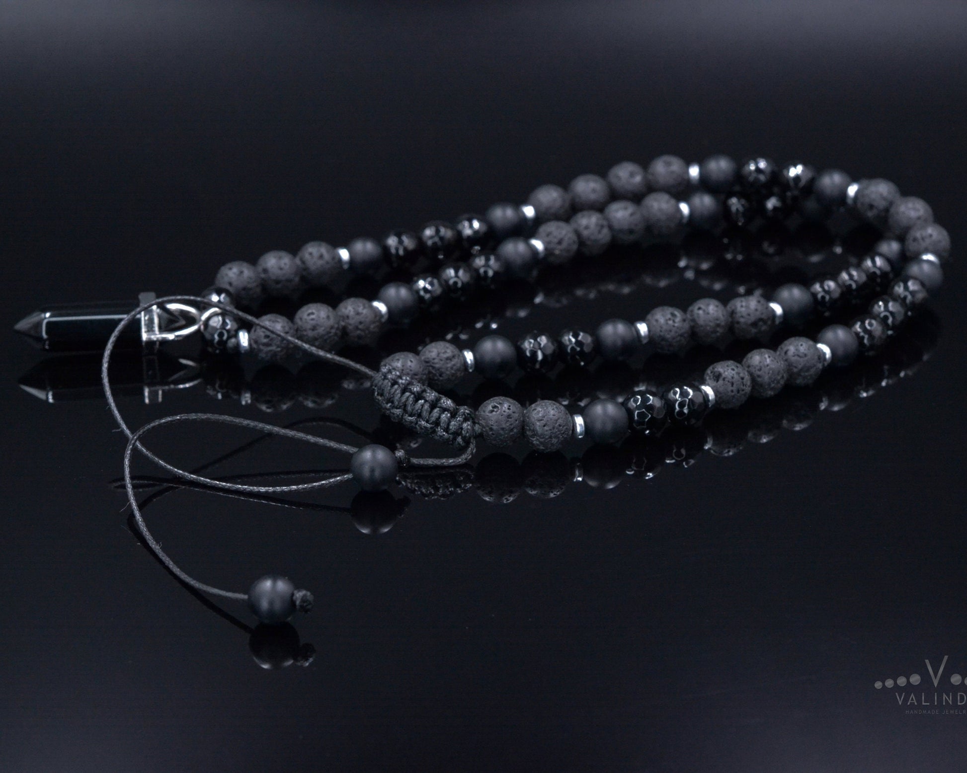 Men's Agate Pendant Necklace - Black Lava Stone Onyx Bead Necklace - Adjustable Short Necklace - Gift for Men - Black Agate Necklace - Shamballa Necklace - Birthstone Necklace - Gemstone Necklace Men - Chakra Necklace - Macrame Necklace  - Healing Necklace - Valinde
