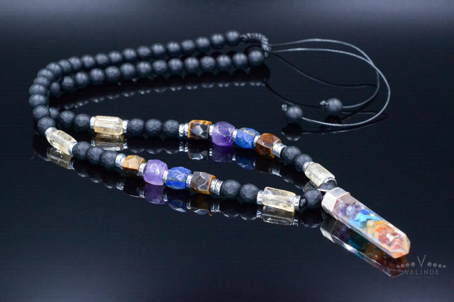 Healing Chakra Pendant Necklace - Men's Citrine Amethyst Onyx Tiger's Eye Crystal Necklace - Gift for Men - Long Beaded Adjustable Necklace - Shamballa Necklace - Birthstone Necklace - Gemstone Necklace Men - Chakra Necklace - Yoga Necklace - Mantra Necklace -Macrame Necklace  - Healing Necklace - Valinde