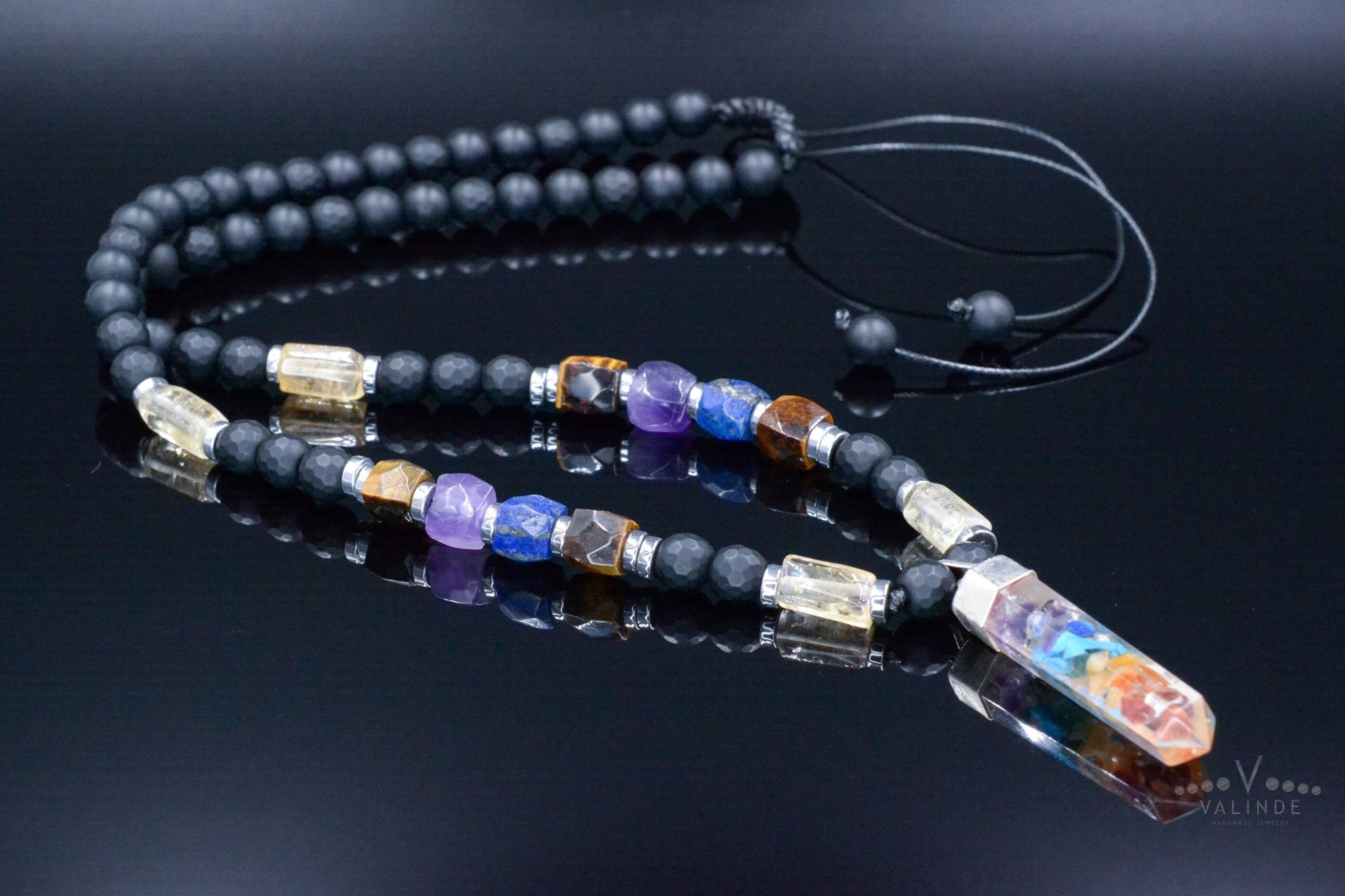 Healing Chakra Pendant Necklace - Men's Citrine Amethyst Onyx Tiger's Eye Crystal Necklace - Gift for Men - Long Beaded Adjustable Necklace - Shamballa Necklace - Birthstone Necklace - Gemstone Necklace Men - Chakra Necklace - Yoga Necklace - Mantra Necklace -Macrame Necklace  - Healing Necklace - Valinde