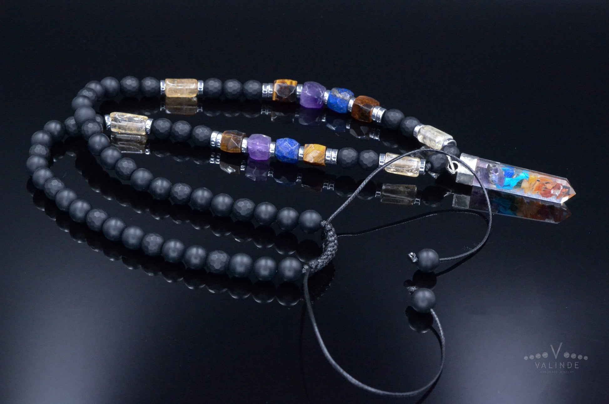 Healing Chakra Pendant Necklace - Men's Citrine Amethyst Onyx Tiger's Eye Crystal Necklace - Gift for Men - Long Beaded Adjustable Necklace - Shamballa Necklace - Birthstone Necklace - Gemstone Necklace Men - Chakra Necklace - Yoga Necklace - Mantra Necklace -Macrame Necklace  - Healing Necklace - Valinde
