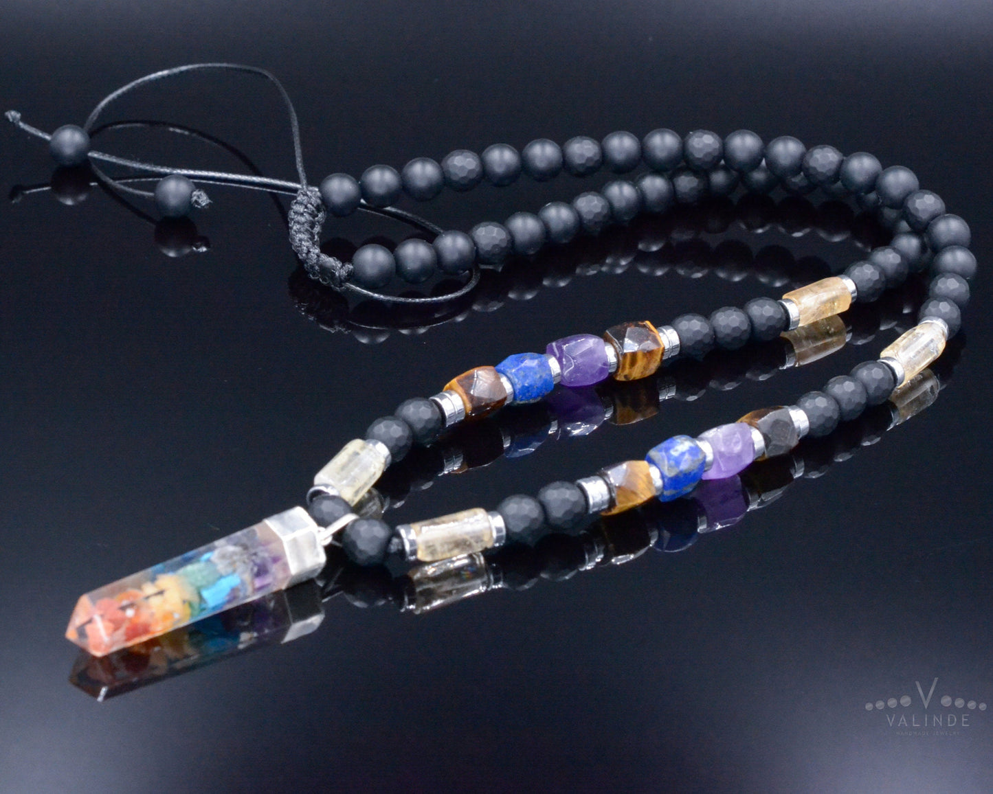Healing Chakra Pendant Necklace - Men's Citrine Amethyst Onyx Tiger's Eye Crystal Necklace - Gift for Men - Long Beaded Adjustable Necklace - Shamballa Necklace - Birthstone Necklace - Gemstone Necklace Men - Chakra Necklace - Yoga Necklace - Mantra Necklace -Macrame Necklace  - Healing Necklace - Valinde
