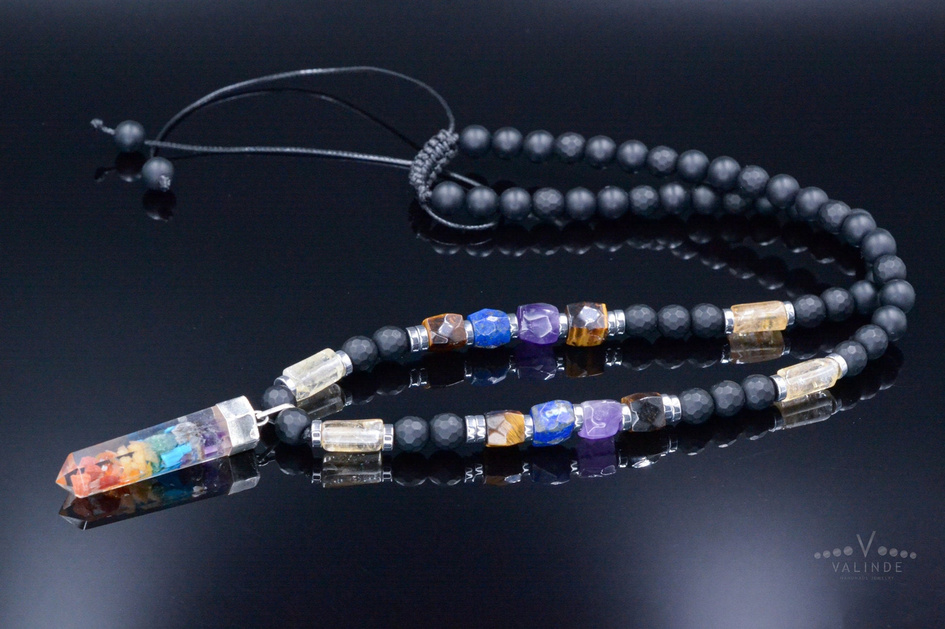 Healing Chakra Pendant Necklace - Men's Citrine Amethyst Onyx Tiger's Eye Crystal Necklace - Gift for Men - Long Beaded Adjustable Necklace - Shamballa Necklace - Birthstone Necklace - Gemstone Necklace Men - Chakra Necklace - Yoga Necklace - Mantra Necklace -Macrame Necklace  - Healing Necklace - Valinde
