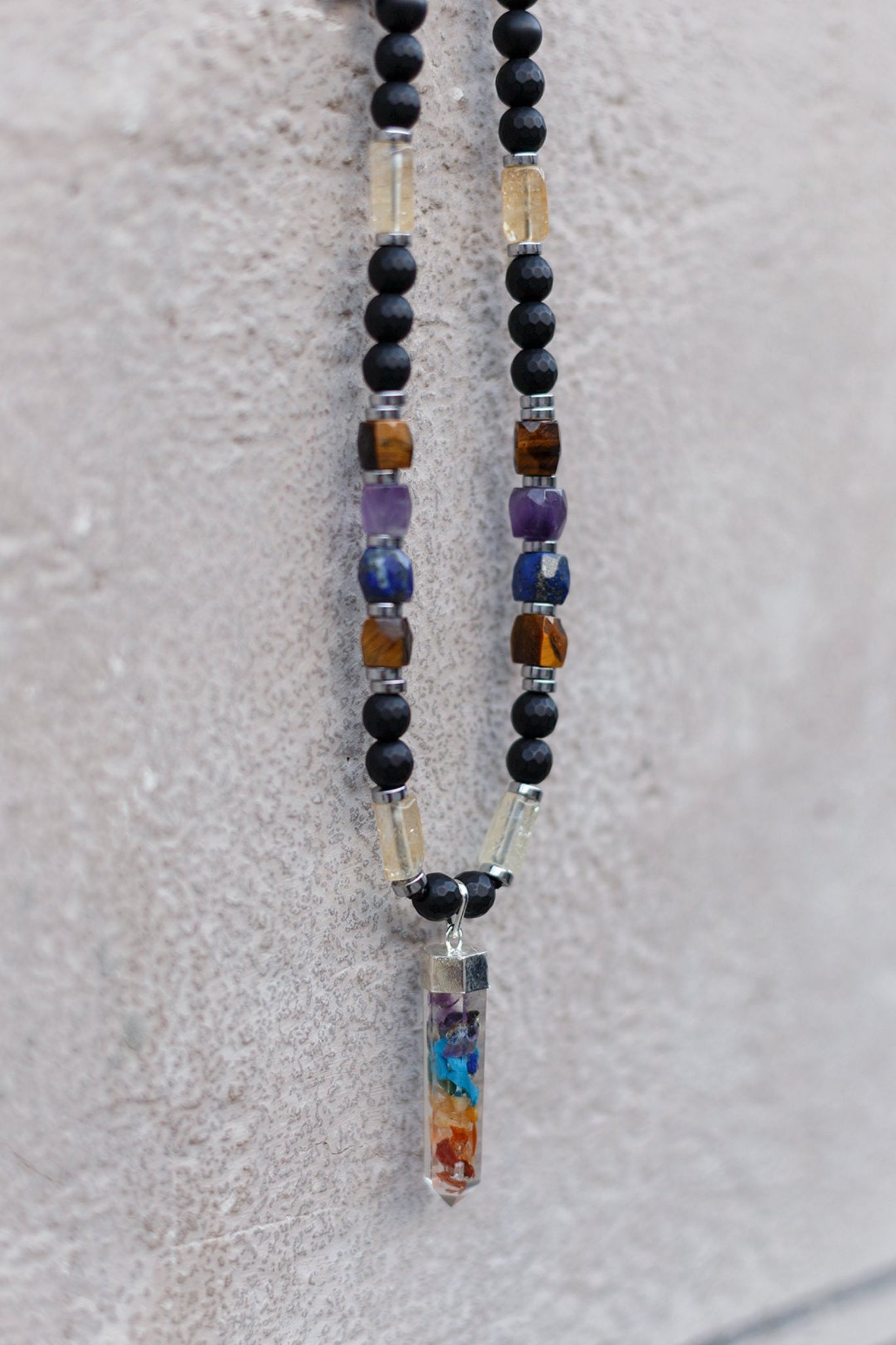 Healing Chakra Pendant Necklace - Men's Citrine Amethyst Onyx Tiger's Eye Crystal Necklace - Gift for Men - Long Beaded Adjustable Necklace - Shamballa Necklace - Birthstone Necklace - Gemstone Necklace Men - Chakra Necklace - Yoga Necklace - Mantra Necklace -Macrame Necklace  - Healing Necklace - Valinde
