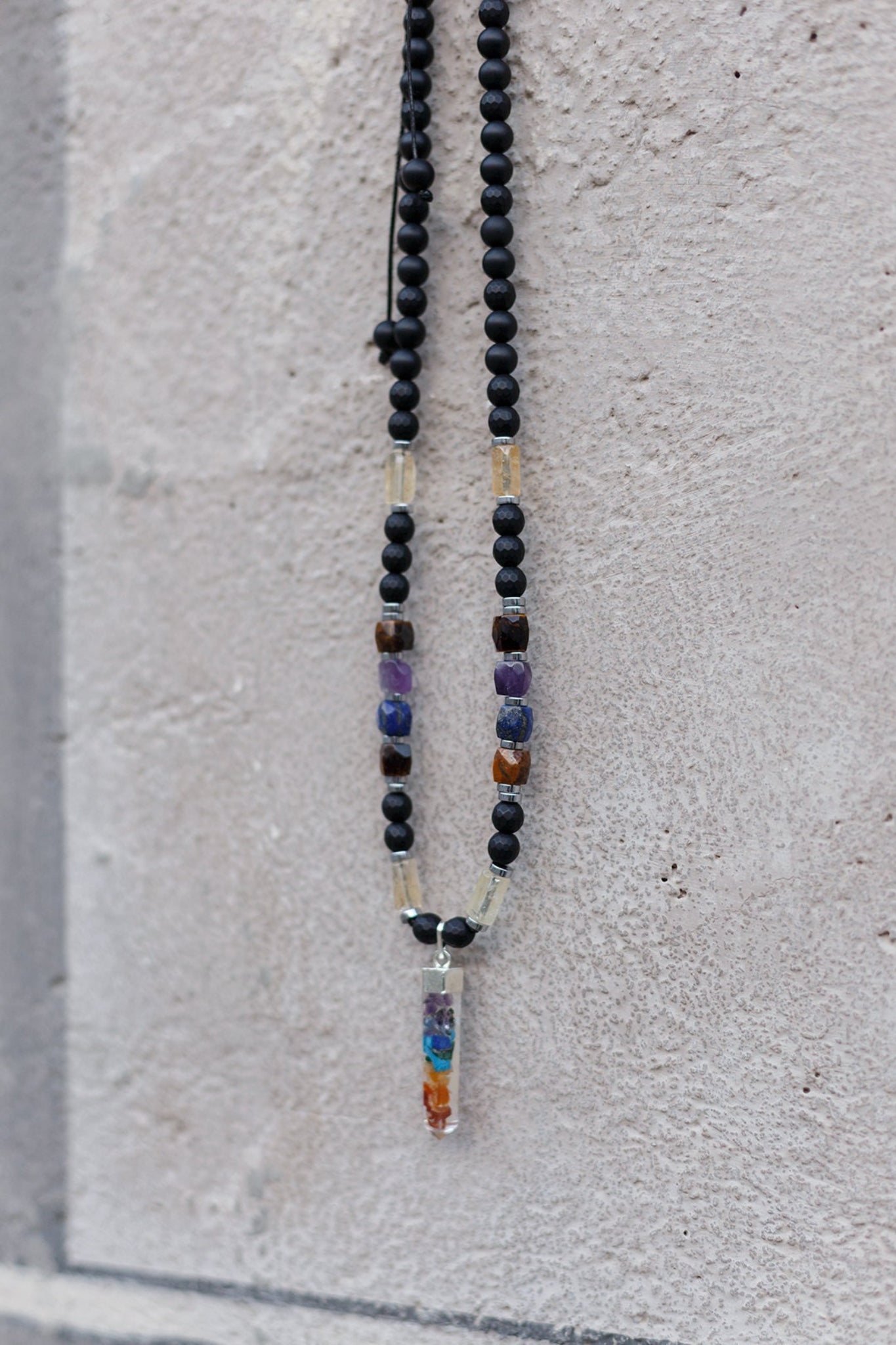 Healing Chakra Pendant Necklace - Men's Citrine Amethyst Onyx Tiger's Eye Crystal Necklace - Gift for Men - Long Beaded Adjustable Necklace - Shamballa Necklace - Birthstone Necklace - Gemstone Necklace Men - Chakra Necklace - Yoga Necklace - Mantra Necklace -Macrame Necklace  - Healing Necklace - Valinde
