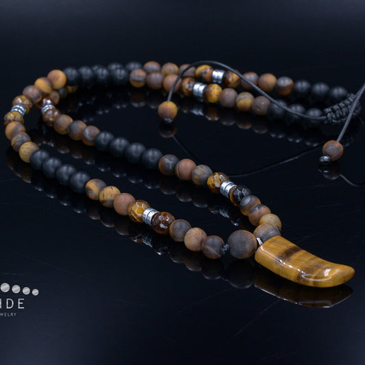 Tiger's Eye Pendant Necklace for Men - Men's Black Onyx Beaded Necklace - Long Necklace - Gift for Men- Tiger Eye Gemstone Necklace for Man - Shamballa Necklace - Birthstone Necklace - Gemstone Necklace Men - Chakra Necklace - Yoga Necklace - Mantra Necklace -Macrame Necklace  - Healing Necklace - Valinde