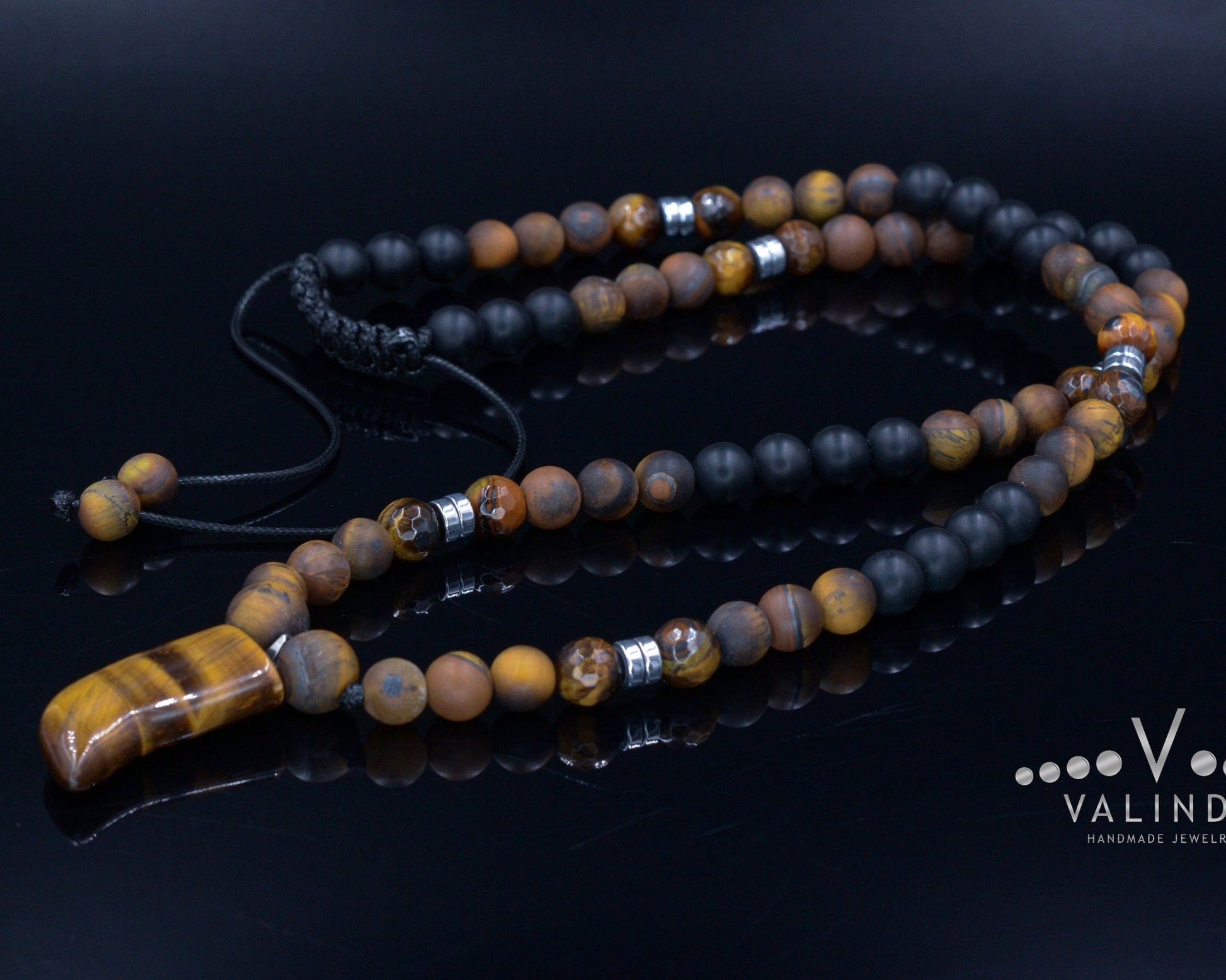 Tiger's Eye Pendant Necklace for Men - Men's Black Onyx Beaded Necklace - Long Necklace - Gift for Men- Tiger Eye Gemstone Necklace for Man - Shamballa Necklace - Birthstone Necklace - Gemstone Necklace Men - Chakra Necklace - Yoga Necklace - Mantra Necklace -Macrame Necklace  - Healing Necklace - Valinde
