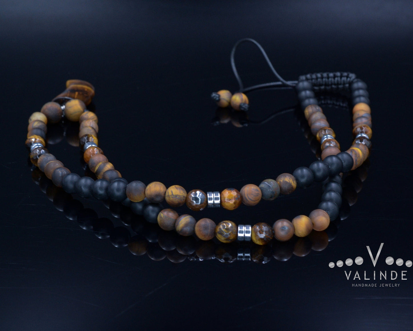 Tiger's Eye Pendant Necklace for Men - Men's Black Onyx Beaded Necklace - Long Necklace - Gift for Men- Tiger Eye Gemstone Necklace for Man - Shamballa Necklace - Birthstone Necklace - Gemstone Necklace Men - Chakra Necklace - Yoga Necklace - Mantra Necklace -Macrame Necklace  - Healing Necklace - Valinde
