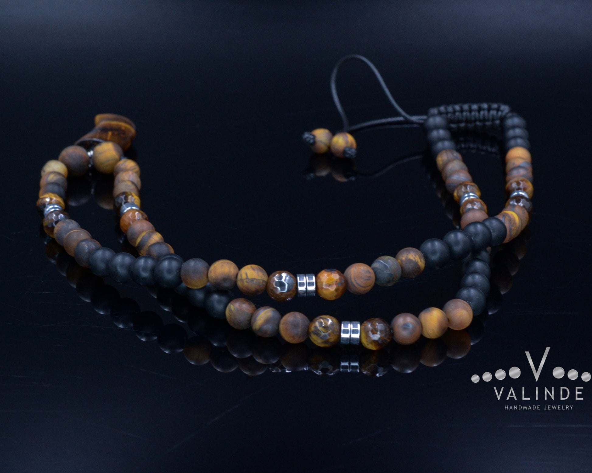 Tiger's Eye Pendant Necklace for Men - Men's Black Onyx Beaded Necklace - Long Necklace - Gift for Men- Tiger Eye Gemstone Necklace for Man - Shamballa Necklace - Birthstone Necklace - Gemstone Necklace Men - Chakra Necklace - Yoga Necklace - Mantra Necklace -Macrame Necklace  - Healing Necklace - Valinde
