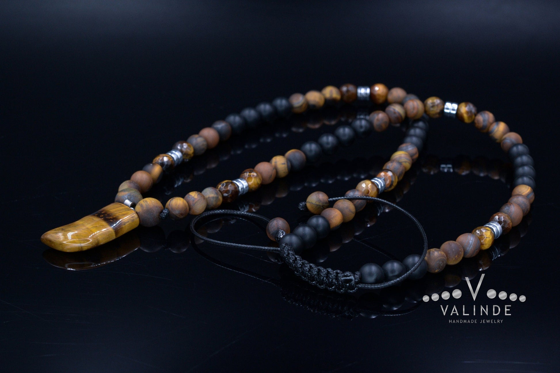 Tiger's Eye Pendant Necklace for Men - Men's Black Onyx Beaded Necklace - Long Necklace - Gift for Men- Tiger Eye Gemstone Necklace for Man - Shamballa Necklace - Birthstone Necklace - Gemstone Necklace Men - Chakra Necklace - Yoga Necklace - Mantra Necklace -Macrame Necklace  - Healing Necklace - Valinde
