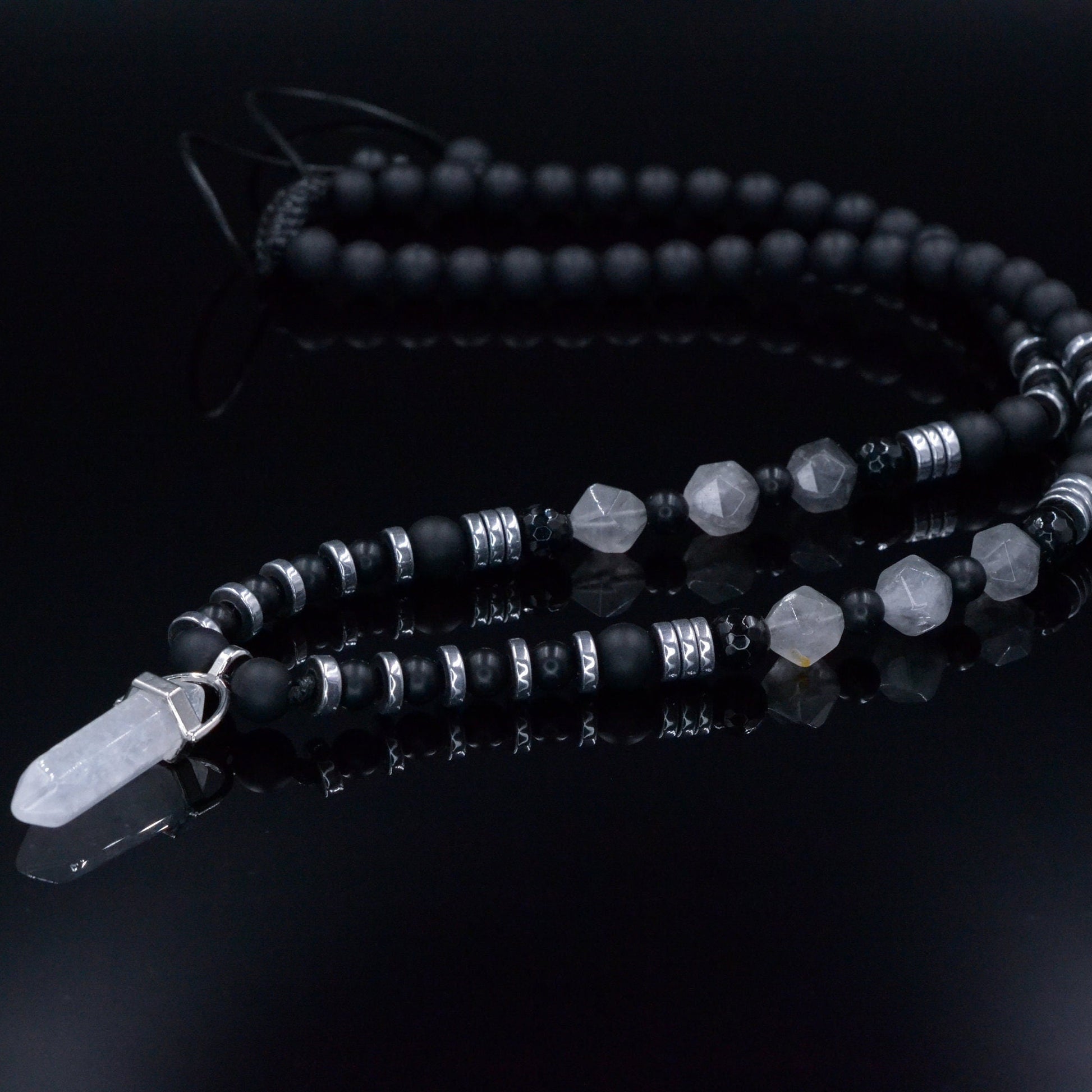 Men's Quartz Pendant Necklace - Long Crystal Beaded Necklace - Black Onyx Hematite Necklace - Gift for Men - Adjustable Necklace for Men - Shamballa Necklace - Birthstone Necklace - Gemstone Necklace Men - Chakra Necklace - Macrame Necklace  - Healing Necklace - Valinde