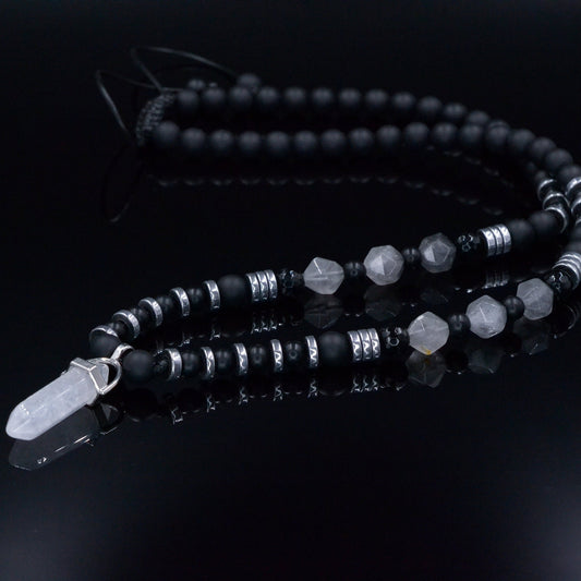 Men's Quartz Pendant Necklace - Long Crystal Beaded Necklace - Black Onyx Hematite Necklace - Gift for Men - Adjustable Necklace for Men - Shamballa Necklace - Birthstone Necklace - Gemstone Necklace Men - Chakra Necklace - Macrame Necklace  - Healing Necklace - Valinde