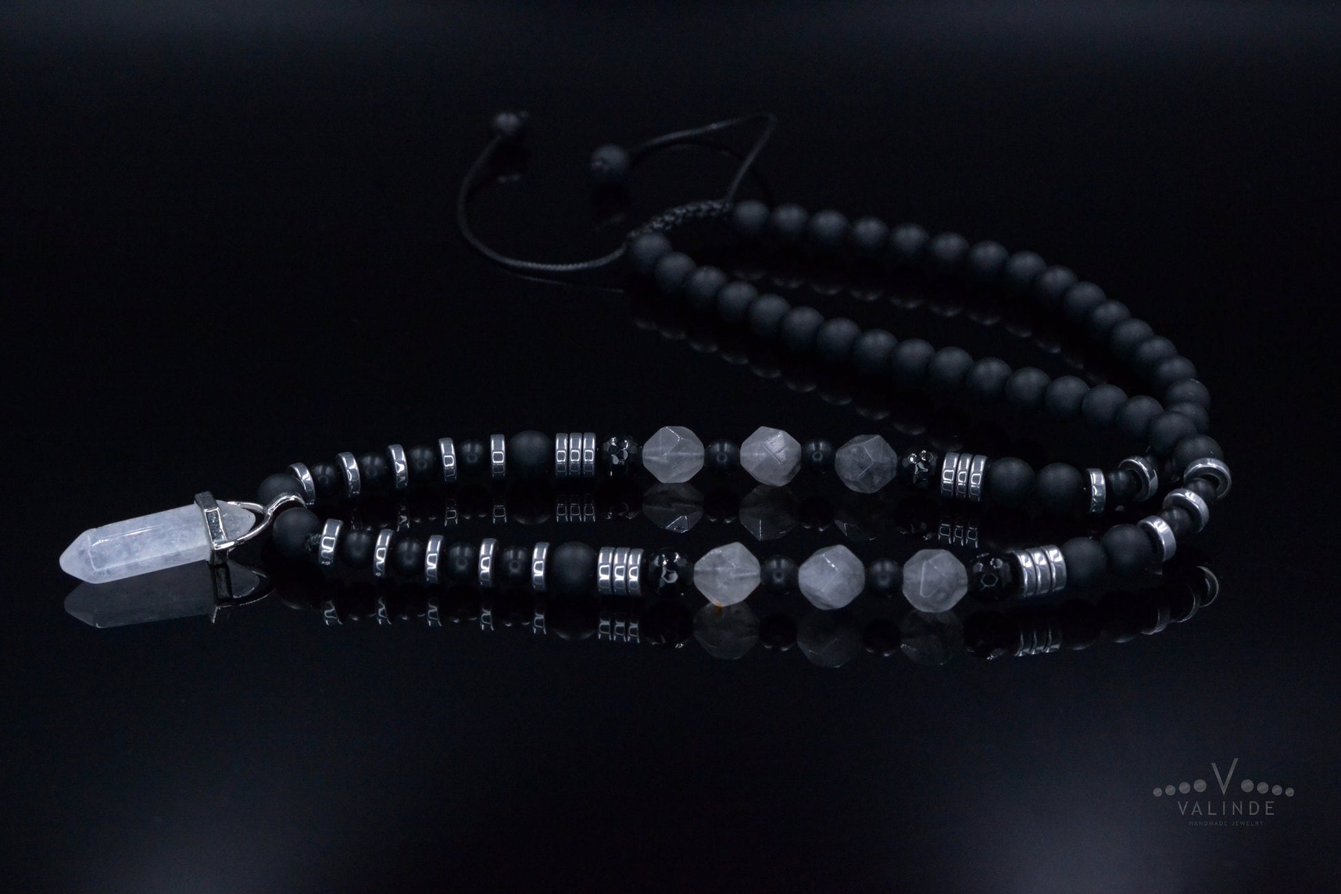 Men's Quartz Pendant Necklace - Long Crystal Beaded Necklace - Black Onyx Hematite Necklace - Gift for Men - Adjustable Necklace for Men - Shamballa Necklace - Birthstone Necklace - Gemstone Necklace Men - Chakra Necklace - Macrame Necklace  - Healing Necklace - Valinde