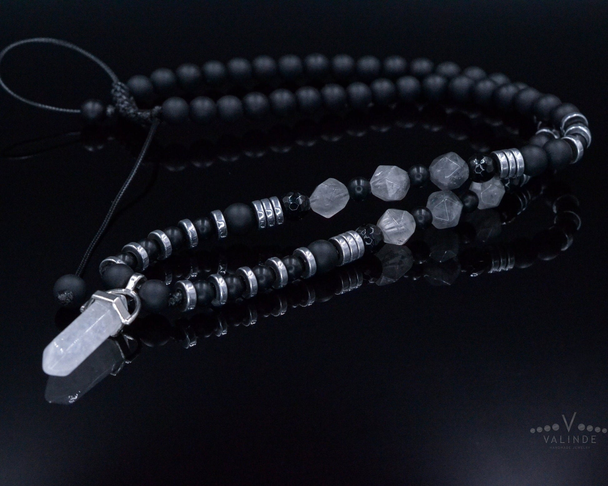 Men's Quartz Pendant Necklace - Long Crystal Beaded Necklace - Black Onyx Hematite Necklace - Gift for Men - Adjustable Necklace for Men - Shamballa Necklace - Birthstone Necklace - Gemstone Necklace Men - Chakra Necklace - Macrame Necklace  - Healing Necklace - Valinde
