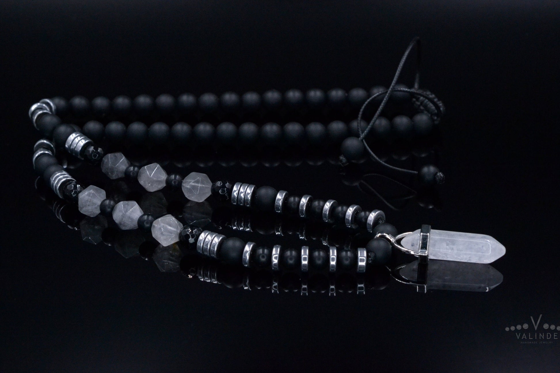 Men's Quartz Pendant Necklace - Long Crystal Beaded Necklace - Black Onyx Hematite Necklace - Gift for Men - Adjustable Necklace for Men - Shamballa Necklace - Birthstone Necklace - Gemstone Necklace Men - Chakra Necklace - Macrame Necklace  - Healing Necklace - Valinde

