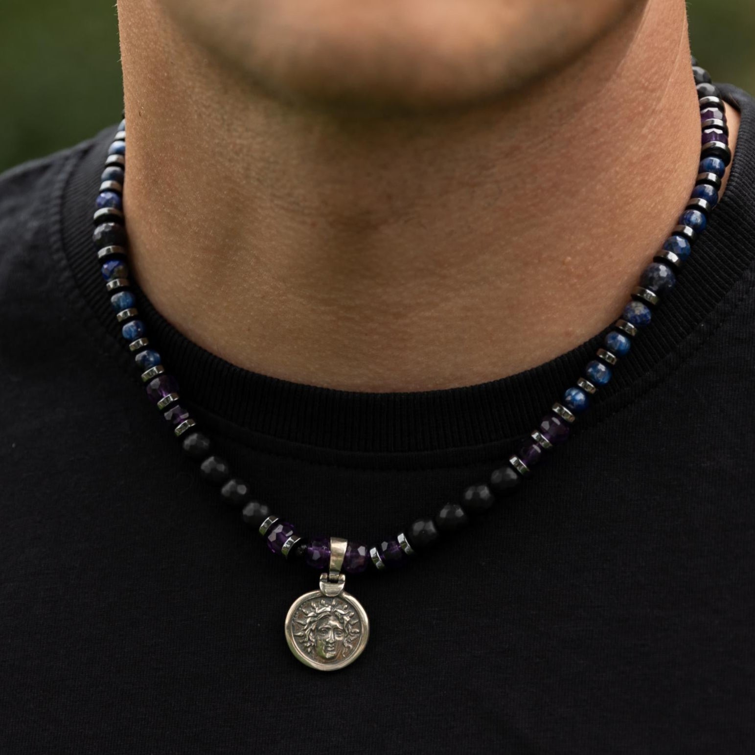 Helios Silver Pendant Necklace, Men's Sapphire Kyanite Amethyst Onyx Gemstone Necklace, Gift for Him, Short Beaded Necklace, Gift for Men - Shamballa Necklace - Birthstone Necklace - Gemstone Necklace Men - Chakra Necklace - Yoga Necklace - Mantra Necklace -Macrame Necklace  - Healing Necklace - Gift for Father - Gift For Men - Valinde
