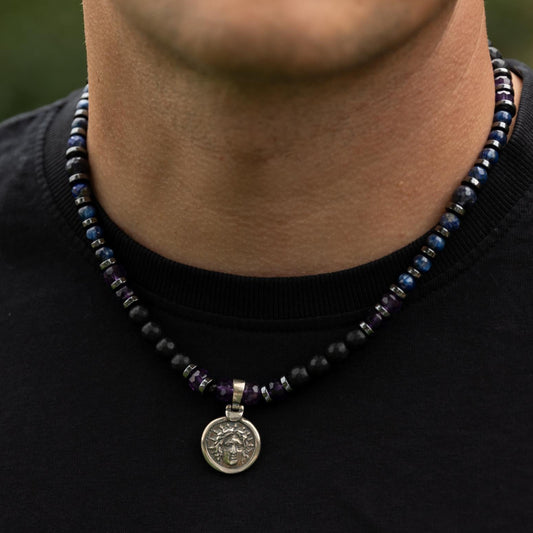 Helios Silver Pendant Necklace, Men's Sapphire Kyanite Amethyst Onyx Gemstone Necklace, Gift for Him, Short Beaded Necklace, Gift for Men - Shamballa Necklace - Birthstone Necklace - Gemstone Necklace Men - Chakra Necklace - Yoga Necklace - Mantra Necklace -Macrame Necklace  - Healing Necklace - Gift for Father - Gift For Men - Valinde
