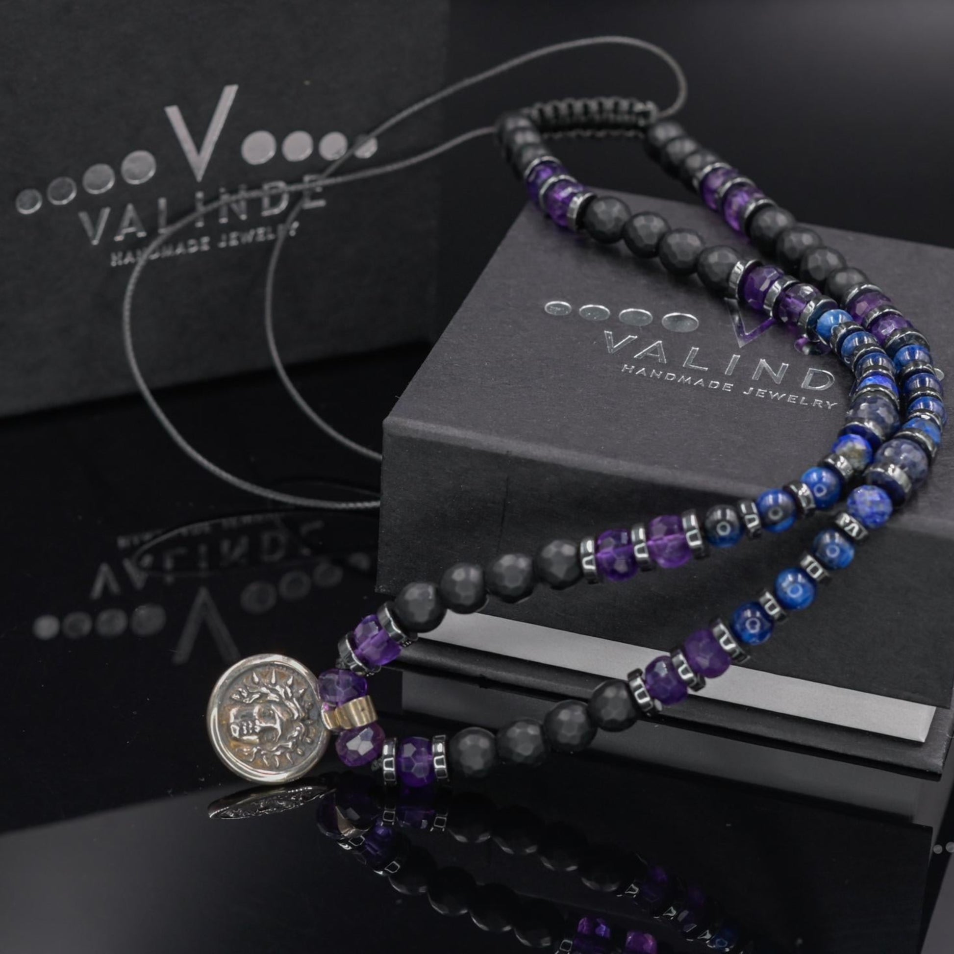 Helios Silver Pendant Necklace, Men's Sapphire Kyanite Amethyst Onyx Gemstone Necklace, Gift for Him, Short Beaded Necklace, Gift for Men - Shamballa Necklace - Birthstone Necklace - Gemstone Necklace Men - Chakra Necklace - Yoga Necklace - Mantra Necklace -Macrame Necklace  - Healing Necklace - Gift for Father - Gift For Men - Valinde
