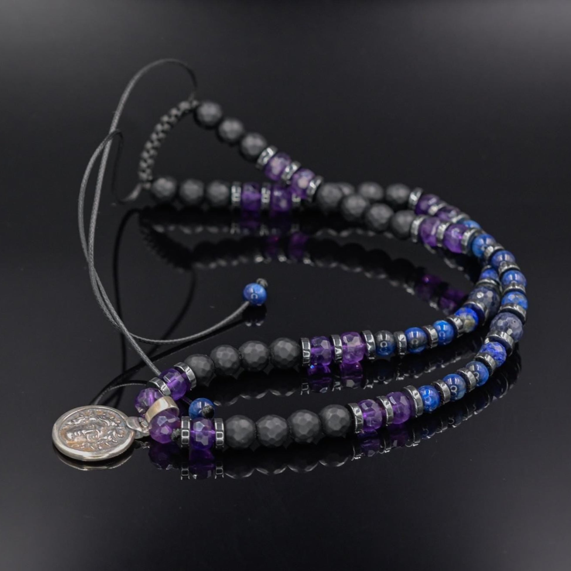 Helios Silver Pendant Necklace, Men's Sapphire Kyanite Amethyst Onyx Gemstone Necklace, Gift for Him, Short Beaded Necklace, Gift for Men - Shamballa Necklace - Birthstone Necklace - Gemstone Necklace Men - Chakra Necklace - Yoga Necklace - Mantra Necklace -Macrame Necklace  - Healing Necklace - Gift for Father - Gift For Men - Valinde
