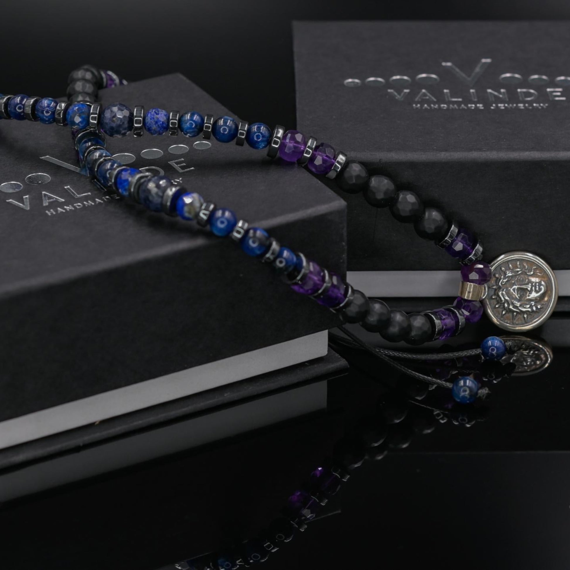 Helios Silver Pendant Necklace, Men's Sapphire Kyanite Amethyst Onyx Gemstone Necklace, Gift for Him, Short Beaded Necklace, Gift for Men - Shamballa Necklace - Birthstone Necklace - Gemstone Necklace Men - Chakra Necklace - Yoga Necklace - Mantra Necklace -Macrame Necklace  - Healing Necklace - Gift for Father - Gift For Men - Valinde
