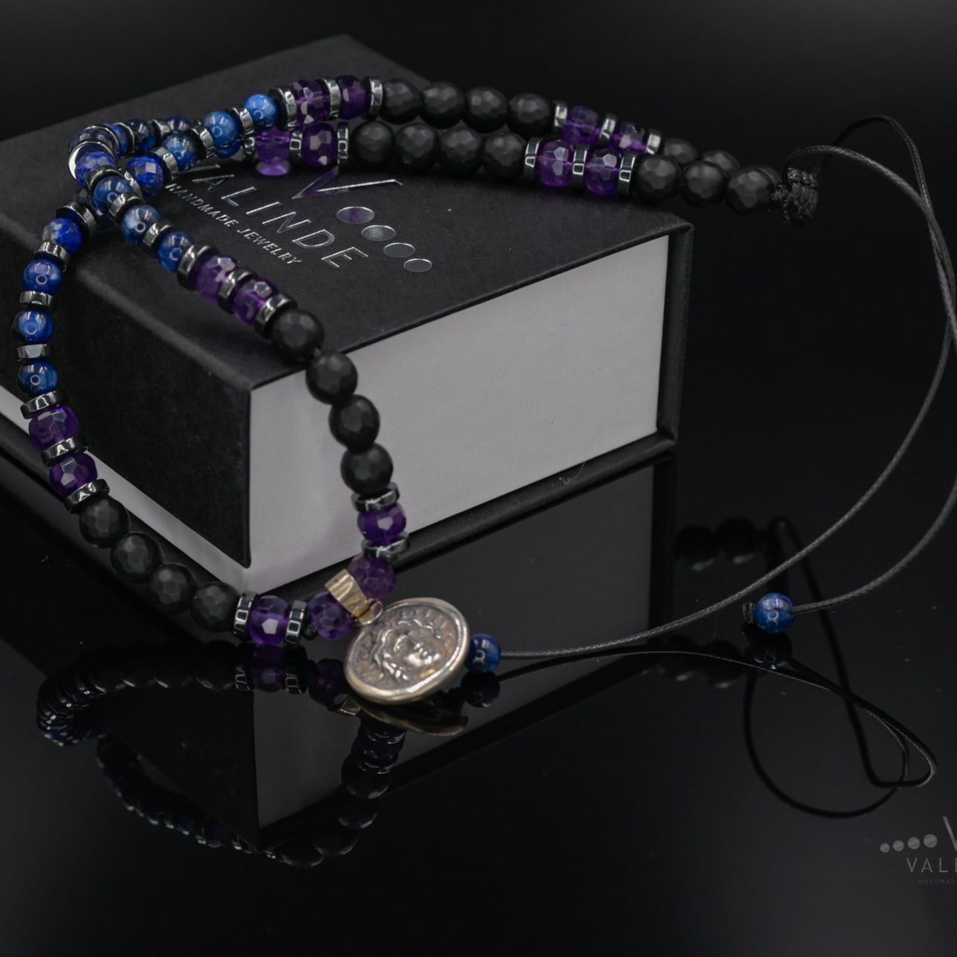 Helios Silver Pendant Necklace, Men's Sapphire Kyanite Amethyst Onyx Gemstone Necklace, Gift for Him, Short Beaded Necklace, Gift for Men - Shamballa Necklace - Birthstone Necklace - Gemstone Necklace Men - Chakra Necklace - Yoga Necklace - Mantra Necklace -Macrame Necklace  - Healing Necklace - Gift for Father - Gift For Men - Valinde
