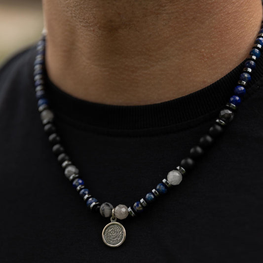 Phaistos Disc Silver Pendant Necklace, Men's Lapis Lazuli Kyanite Quartz Onyx Beads Necklace,One of a kind Necklace, Crystal Short Necklace - Shamballa Necklace - Birthstone Necklace - Gemstone Necklace Men - Chakra Necklace - Yoga Necklace - Mantra Necklace -Macrame Necklace  - Healing Necklace - Valinde
