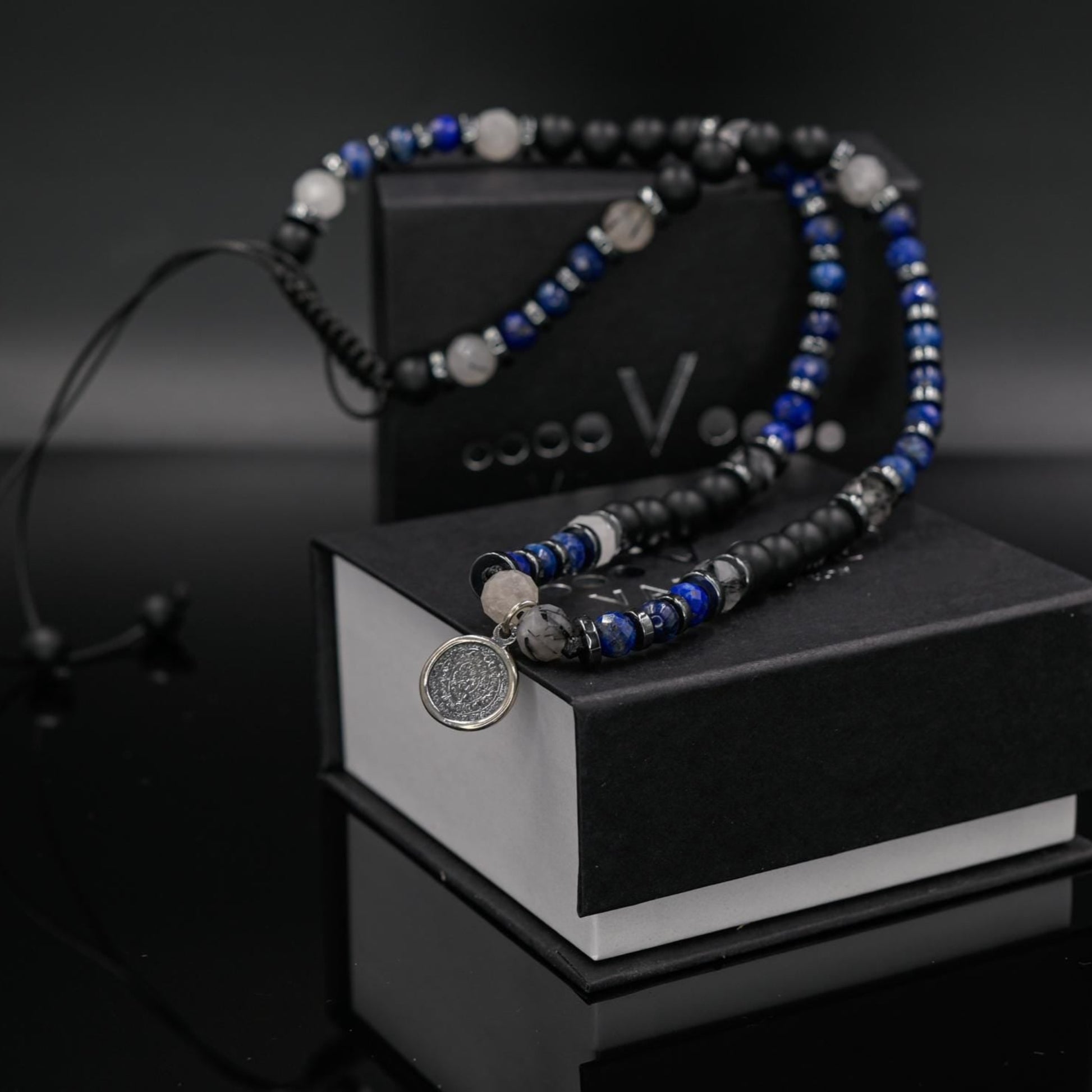 Phaistos Disc Silver Pendant Necklace, Men's Lapis Lazuli Kyanite Quartz Onyx Beads Necklace,One of a kind Necklace, Crystal Short Necklace - Shamballa Necklace - Birthstone Necklace - Gemstone Necklace Men - Chakra Necklace - Yoga Necklace - Mantra Necklace -Macrame Necklace  - Healing Necklace - Valinde

