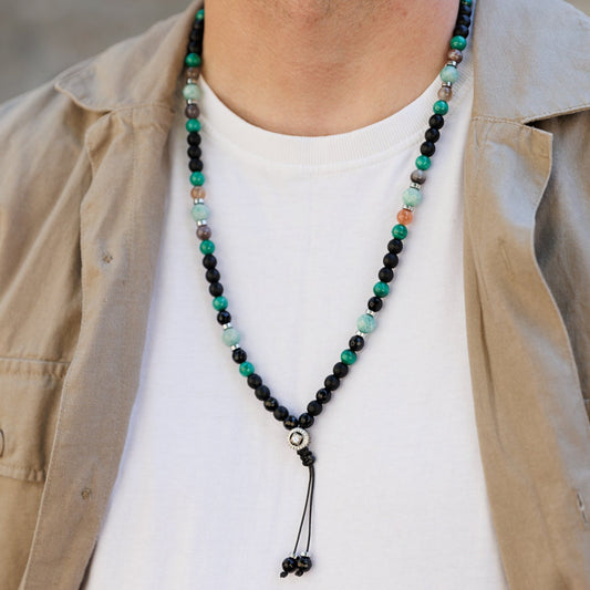 Men's Malachite Necklace, Amazonite Botswana Agate Onyx Necklace,925 Silver Bead Necklace, Long Beaded Necklace, Gift for Men,Stone Necklace - Shamballa Necklace - Birthstone Necklace - Gemstone Necklace Men - Chakra Necklace - Yoga Necklace - Mantra Necklace -Macrame Necklace  - Healing Necklace - Valinde
