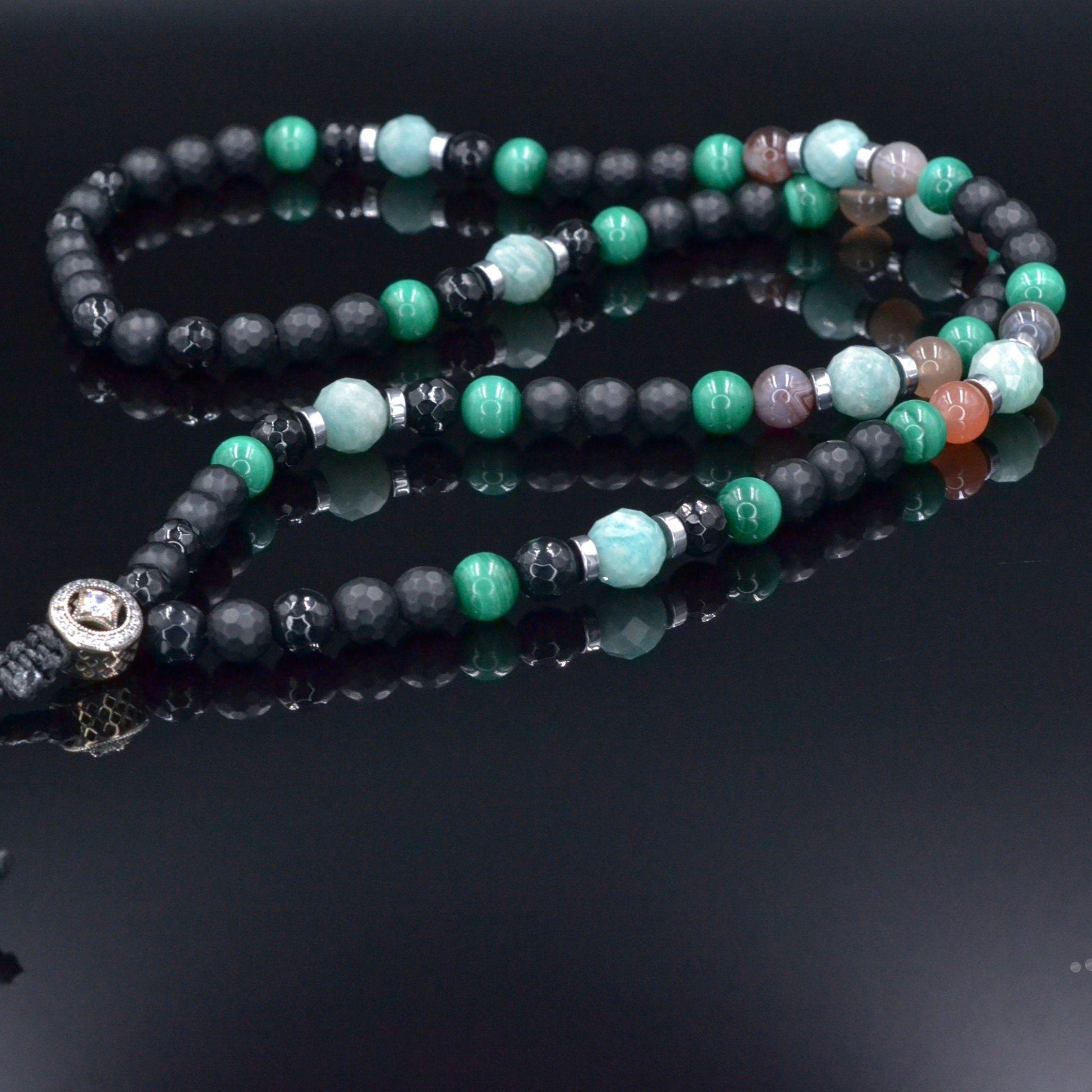 Men's Malachite Necklace, Amazonite Botswana Agate Onyx Necklace,925 Silver Bead Necklace, Long Beaded Necklace, Gift for Men,Stone Necklace - Shamballa Necklace - Birthstone Necklace - Gemstone Necklace Men - Chakra Necklace - Yoga Necklace - Mantra Necklace -Macrame Necklace  - Healing Necklace - Valinde
