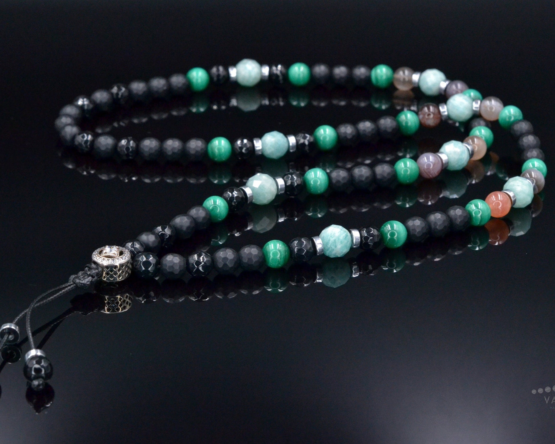Men's Malachite Necklace, Amazonite Botswana Agate Onyx Necklace,925 Silver Bead Necklace, Long Beaded Necklace, Gift for Men,Stone Necklace - Shamballa Necklace - Birthstone Necklace - Gemstone Necklace Men - Chakra Necklace - Yoga Necklace - Mantra Necklace -Macrame Necklace  - Healing Necklace - Valinde
