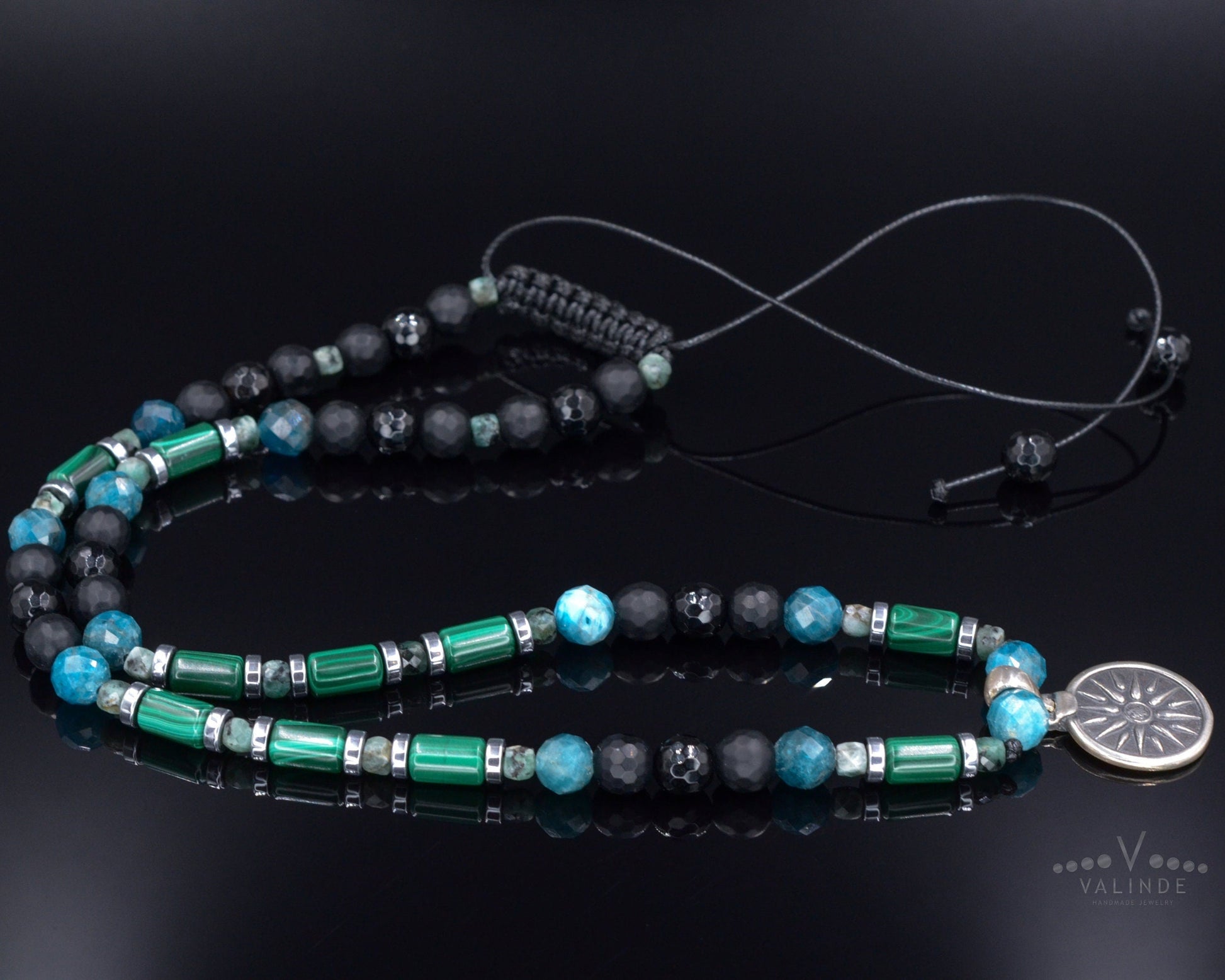 Vergina Sun Coin Necklace - Men's Malachite Apatite Agate Beaded Necklace - Short Necklace -Greek Silver Pendant Necklace - Gift For Men - Shamballa Necklace - Birthstone Necklace - Gemstone Necklace Men - Chakra Necklace - Macrame Necklace  - Healing Necklace - Valinde
