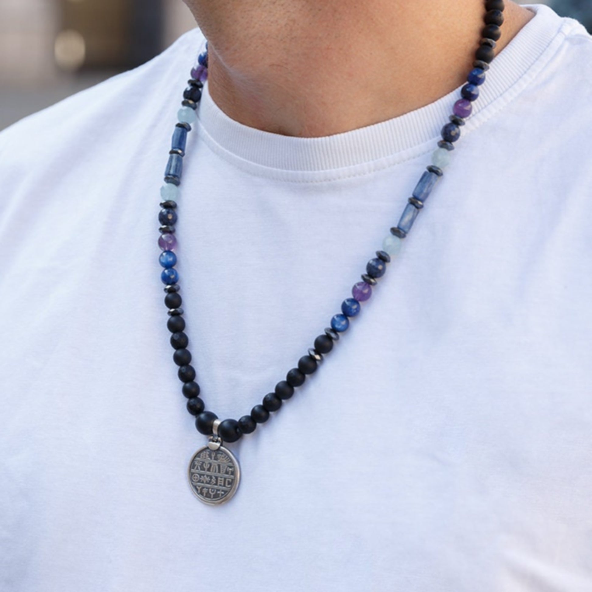 Sterling Silver Greek Coin Necklace - Men's Sapphire Kyanite Amethyst Necklace - Greek Pendant Necklace - Long Beaded Necklace- Gift for Men  - Shamballa Necklace - Birthstone Necklace - Gemstone Necklace Men - Chakra Necklace - Macrame Necklace  - Healing Necklace - Valinde