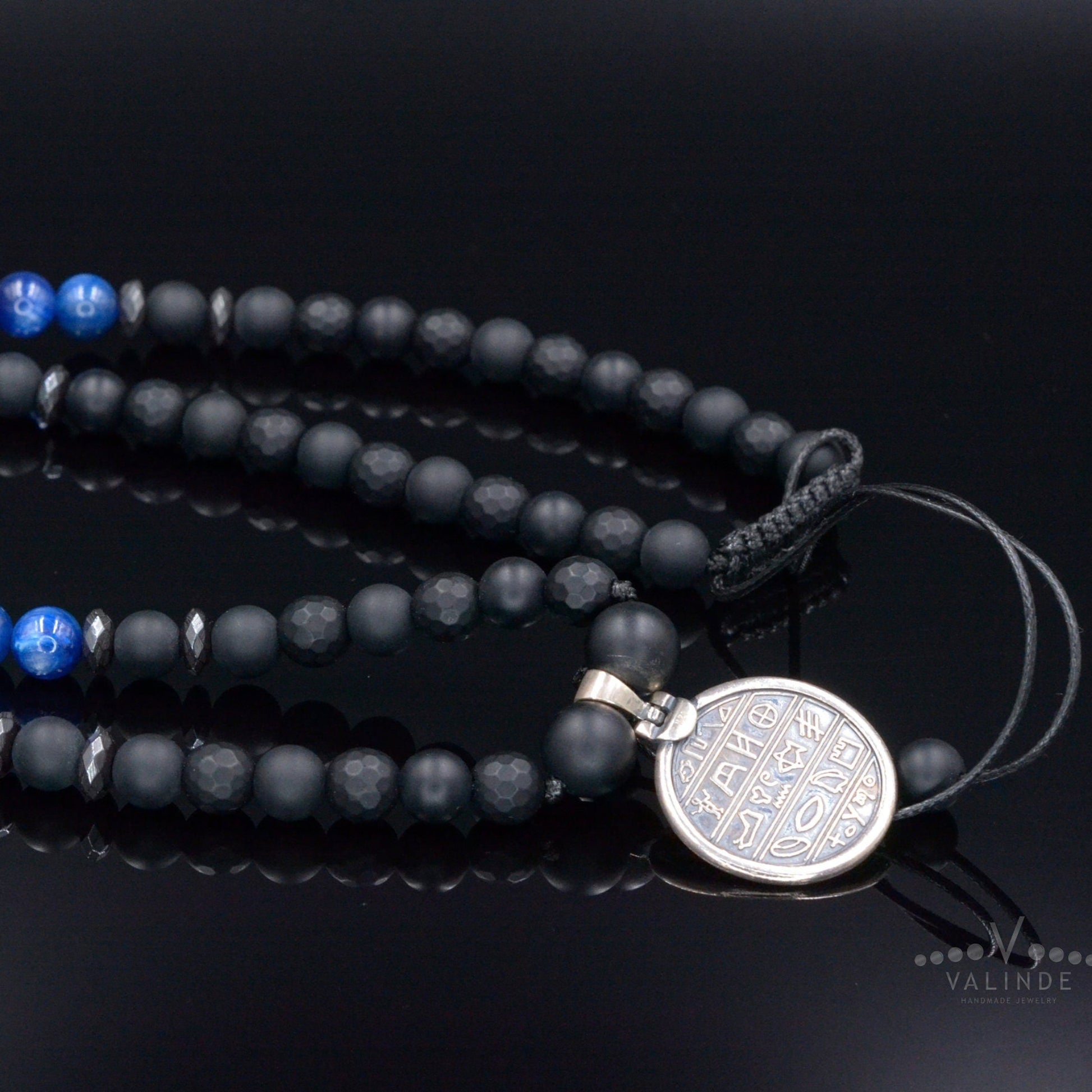 Sterling Silver Greek Coin Necklace - Men's Sapphire Kyanite Amethyst Necklace - Greek Pendant Necklace - Long Beaded Necklace- Gift for Men  - Shamballa Necklace - Birthstone Necklace - Gemstone Necklace Men - Chakra Necklace - Macrame Necklace  - Healing Necklace - Valinde
