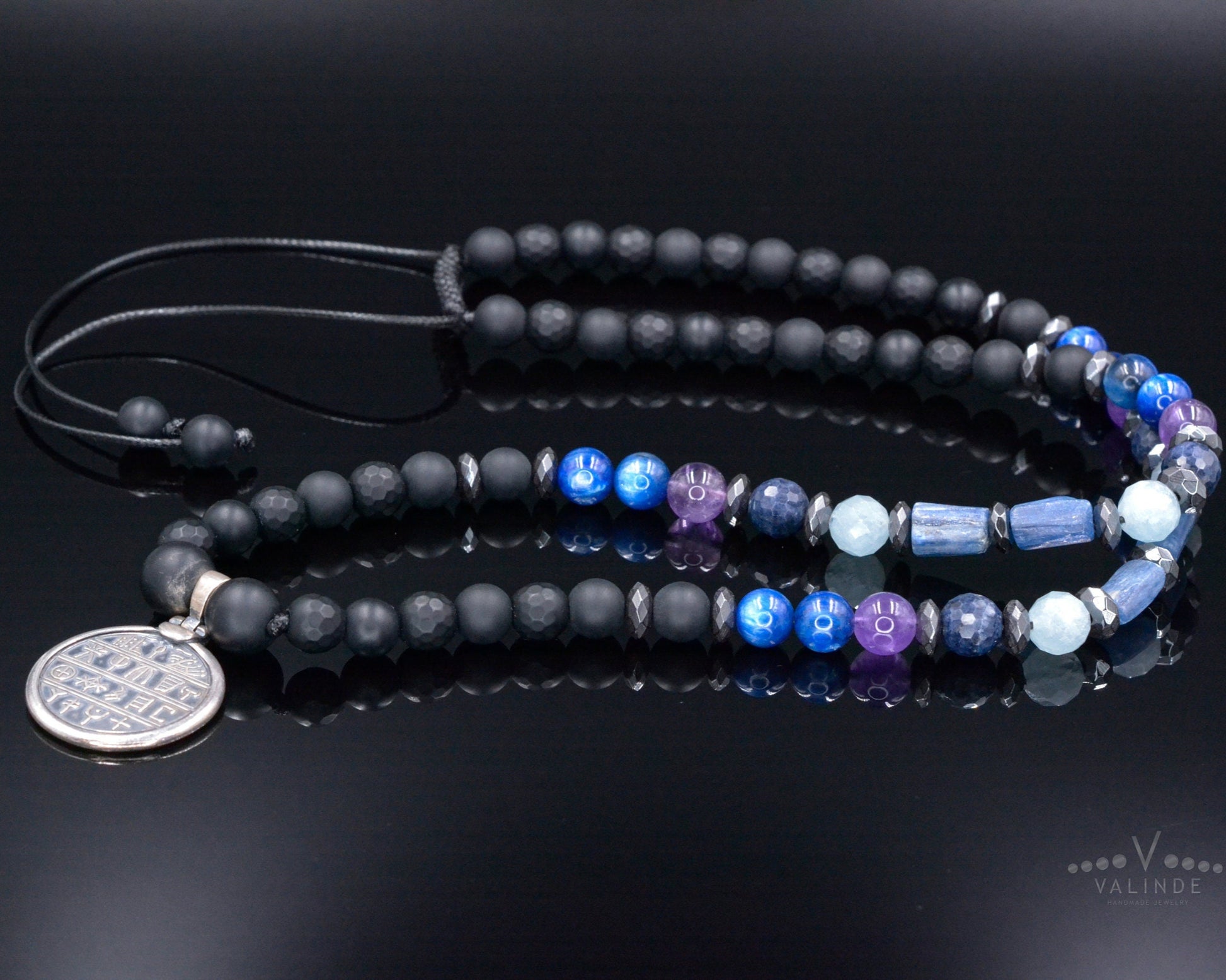 Sterling Silver Greek Coin Necklace - Men's Sapphire Kyanite Amethyst Necklace - Greek Pendant Necklace - Long Beaded Necklace- Gift for Men  - Shamballa Necklace - Birthstone Necklace - Gemstone Necklace Men - Chakra Necklace - Macrame Necklace  - Healing Necklace - Valinde
