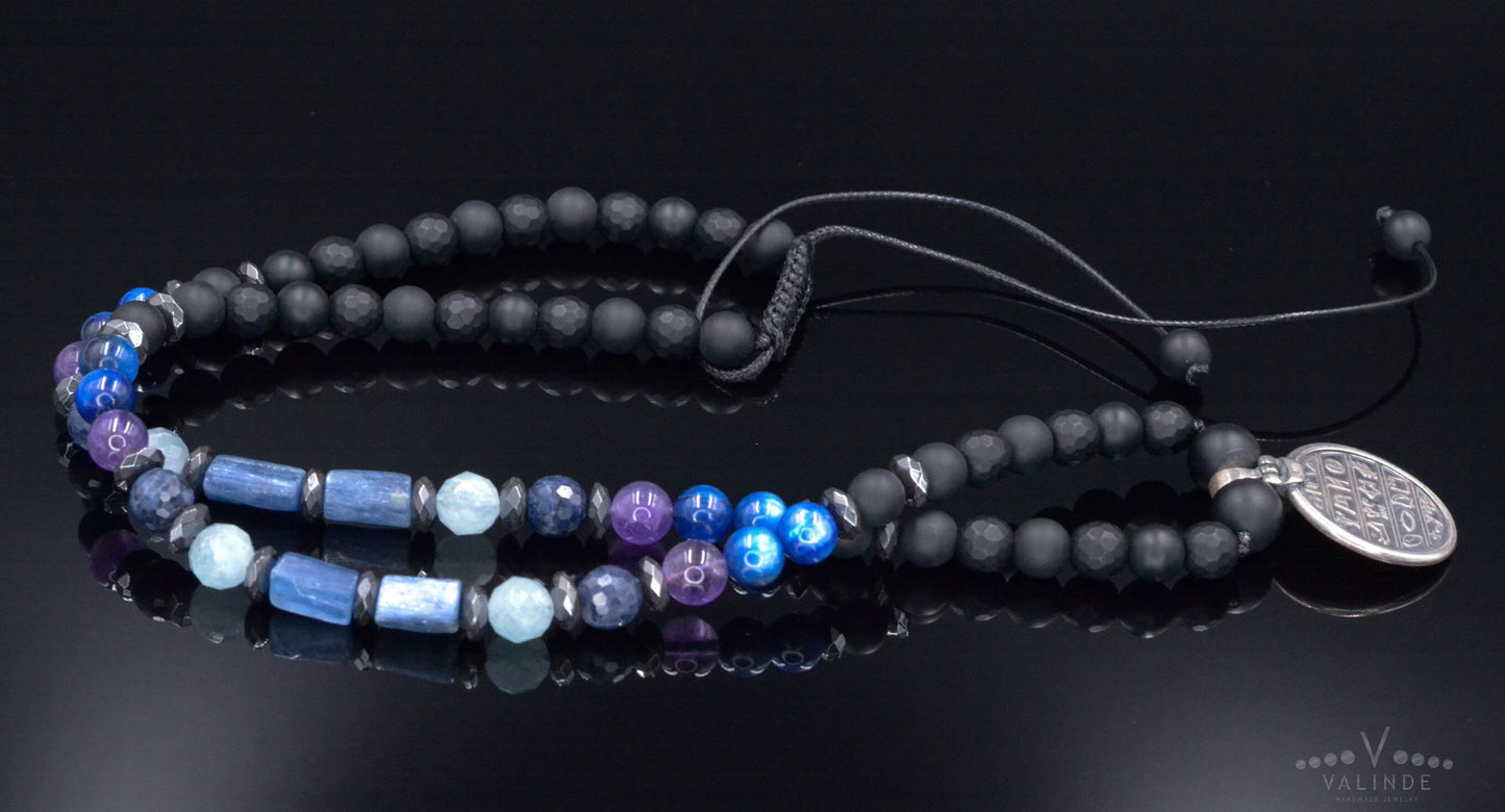 Sterling Silver Greek Coin Necklace - Men's Sapphire Kyanite Amethyst Necklace - Greek Pendant Necklace - Long Beaded Necklace- Gift for Men  - Shamballa Necklace - Birthstone Necklace - Gemstone Necklace Men - Chakra Necklace - Macrame Necklace  - Healing Necklace - Valinde
