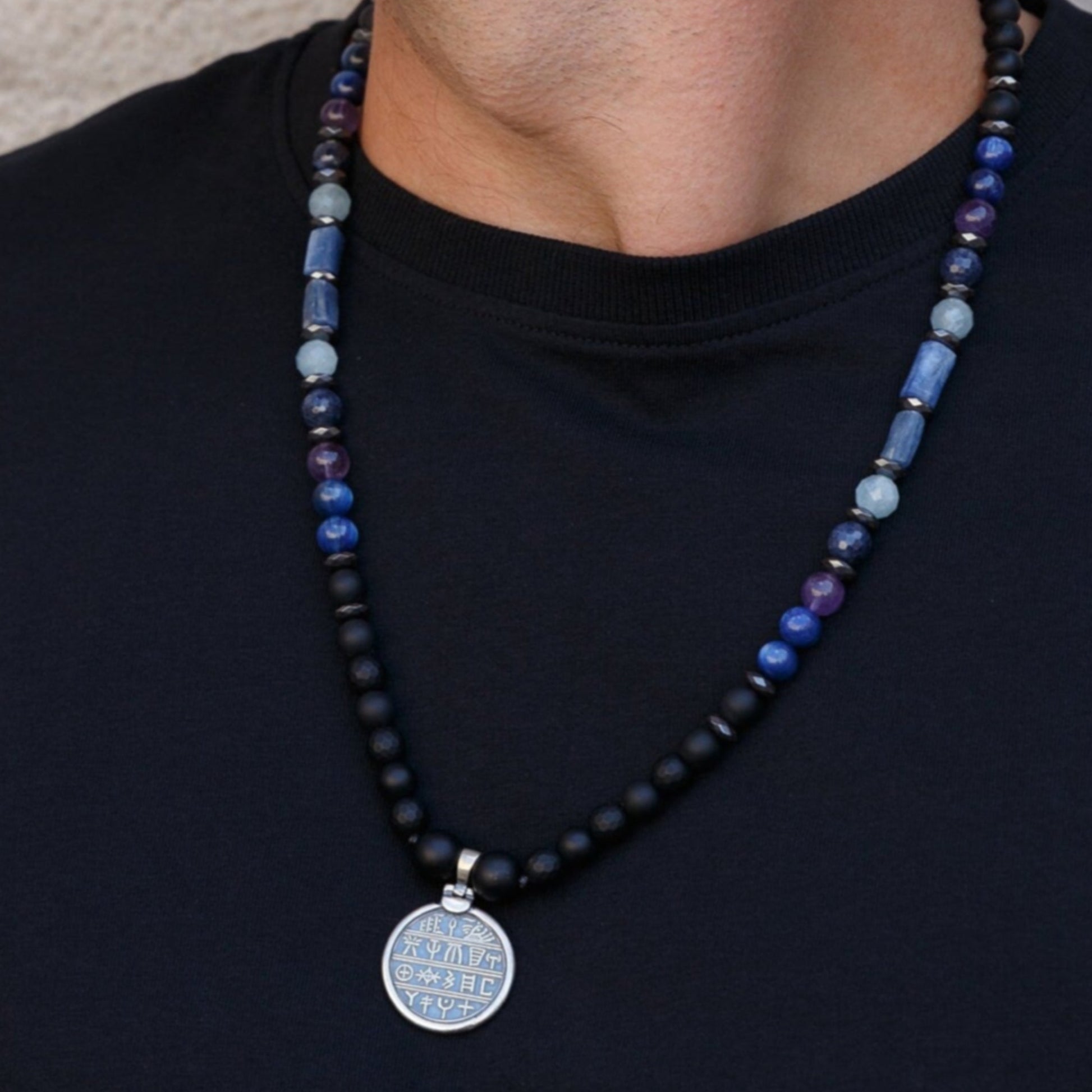 Sterling Silver Greek Coin Necklace - Men's Sapphire Kyanite Amethyst Necklace - Greek Pendant Necklace - Long Beaded Necklace- Gift for Men  - Shamballa Necklace - Birthstone Necklace - Gemstone Necklace Men - Chakra Necklace - Macrame Necklace  - Healing Necklace - Valinde
