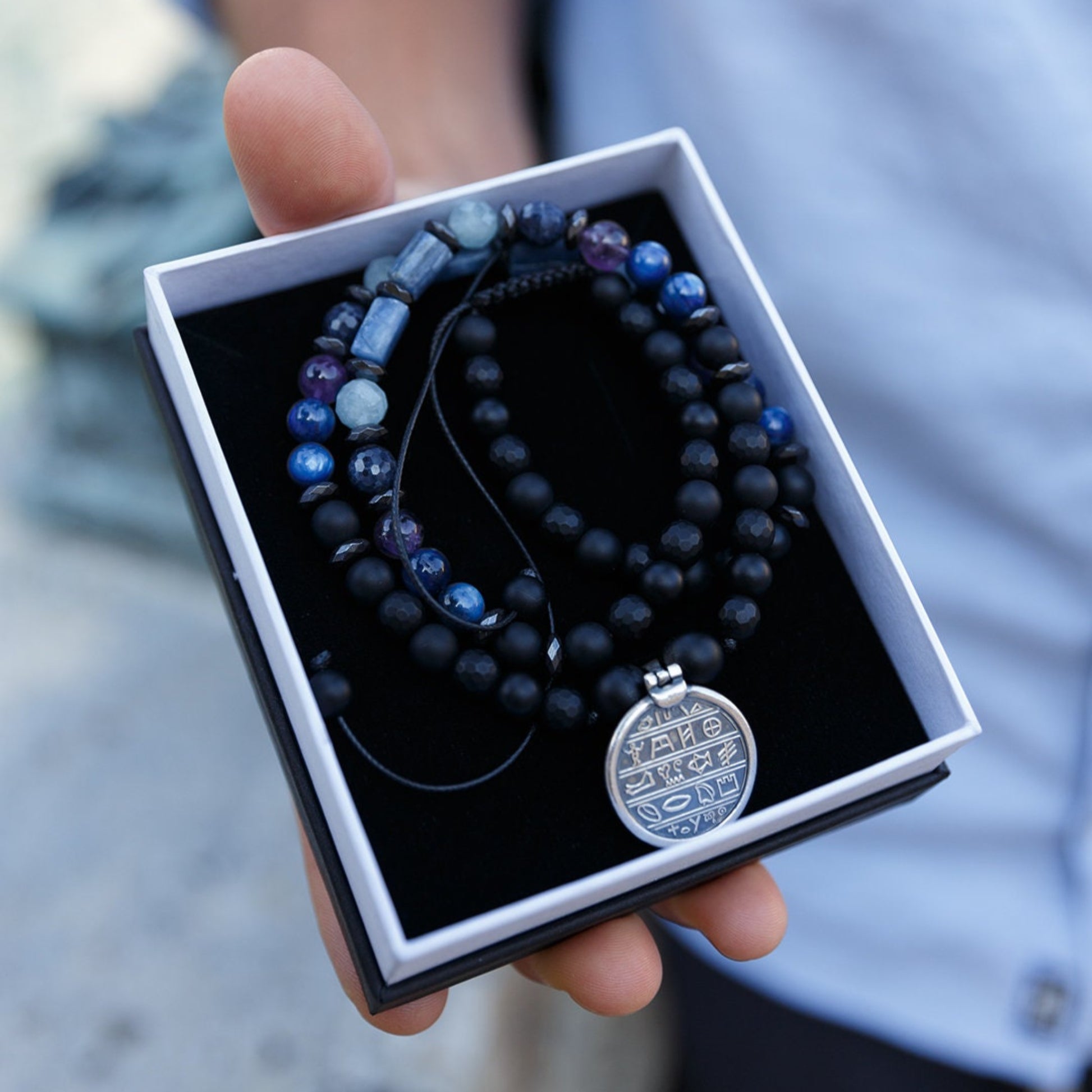 Sterling Silver Greek Coin Necklace - Men's Sapphire Kyanite Amethyst Necklace - Greek Pendant Necklace - Long Beaded Necklace- Gift for Men  - Shamballa Necklace - Birthstone Necklace - Gemstone Necklace Men - Chakra Necklace - Macrame Necklace  - Healing Necklace - Valinde
