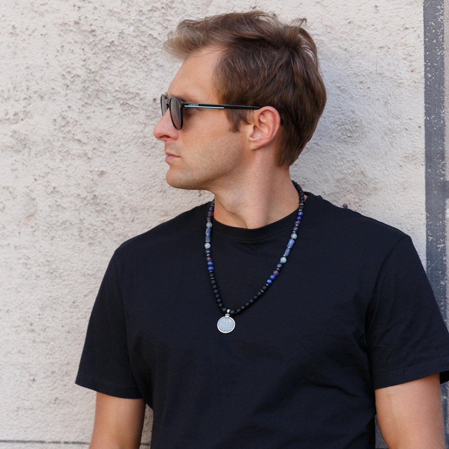 Sterling Silver Greek Coin Necklace - Men's Sapphire Kyanite Amethyst Necklace - Greek Pendant Necklace - Long Beaded Necklace- Gift for Men  - Shamballa Necklace - Birthstone Necklace - Gemstone Necklace Men - Chakra Necklace - Macrame Necklace  - Healing Necklace - Valinde
