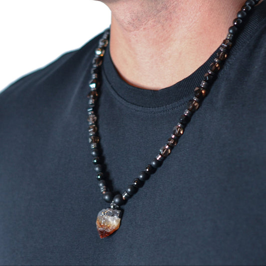 Raw Quartz Pendant Necklace - Men's Long Beaded Crystal Necklace - Black Onyx Necklace - Gift for Men - Smoky Quartz Necklace for Men - Shamballa Necklace - Birthstone Necklace - Gemstone Necklace Men - Chakra Necklace - Macrame Necklace  - Healing Necklace - Valinde
