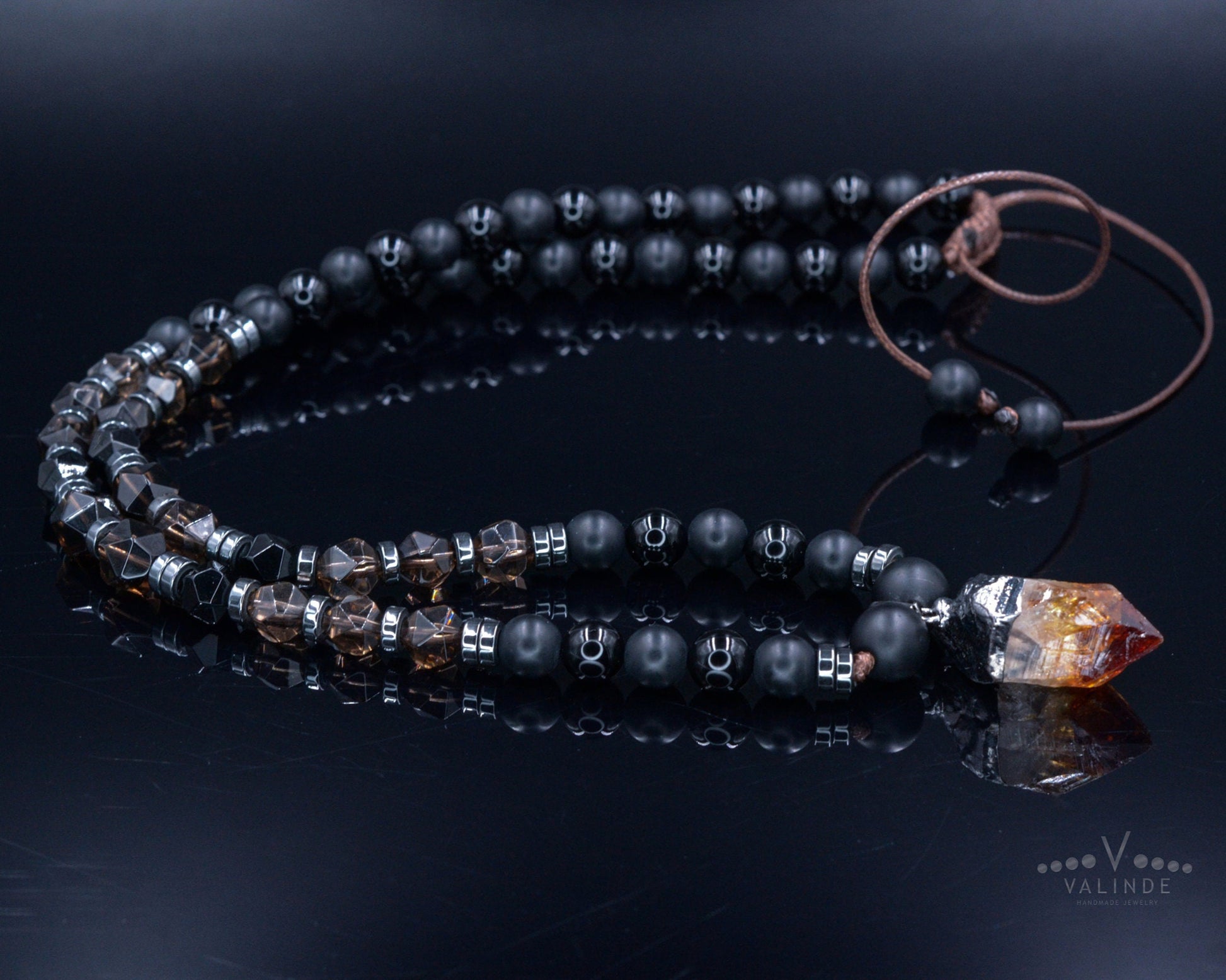 Raw Quartz Pendant Necklace - Men's Long Beaded Crystal Necklace - Black Onyx Necklace - Gift for Men - Smoky Quartz Necklace for Men - Shamballa Necklace - Birthstone Necklace - Gemstone Necklace Men - Chakra Necklace - Macrame Necklace  - Healing Necklace - Valinde
