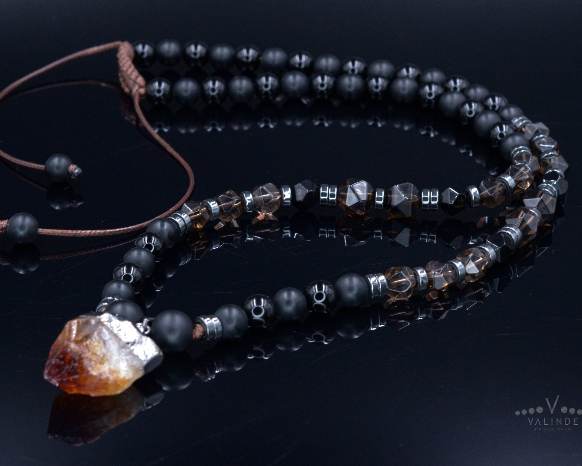 Raw Quartz Pendant Necklace - Men's Long Beaded Crystal Necklace - Black Onyx Necklace - Gift for Men - Smoky Quartz Necklace for Men - Shamballa Necklace - Birthstone Necklace - Gemstone Necklace Men - Chakra Necklace - Macrame Necklace  - Healing Necklace - Valinde
