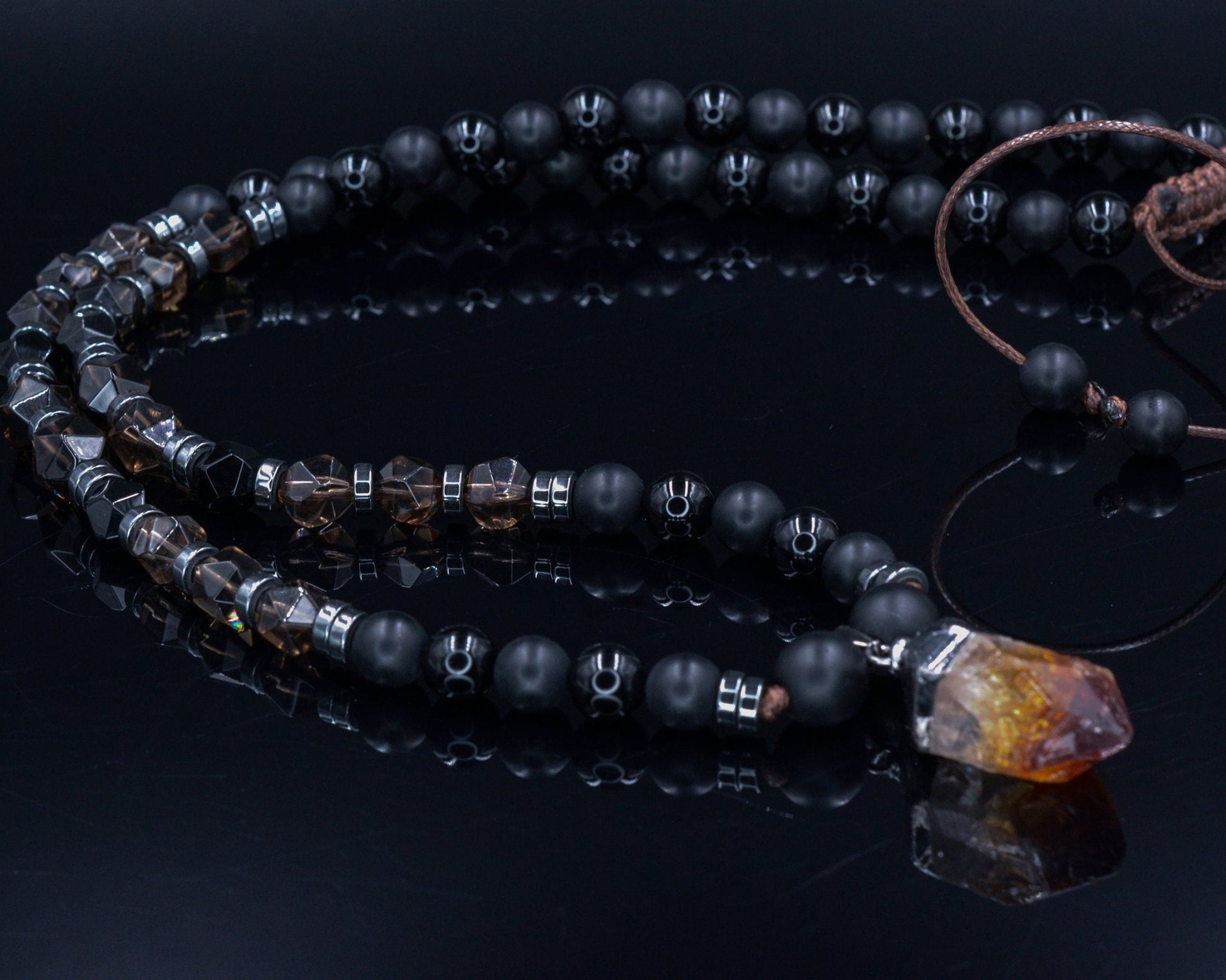 Raw Quartz Pendant Necklace - Men's Long Beaded Crystal Necklace - Black Onyx Necklace - Gift for Men - Smoky Quartz Necklace for Men - Shamballa Necklace - Birthstone Necklace - Gemstone Necklace Men - Chakra Necklace - Macrame Necklace  - Healing Necklace - Valinde
