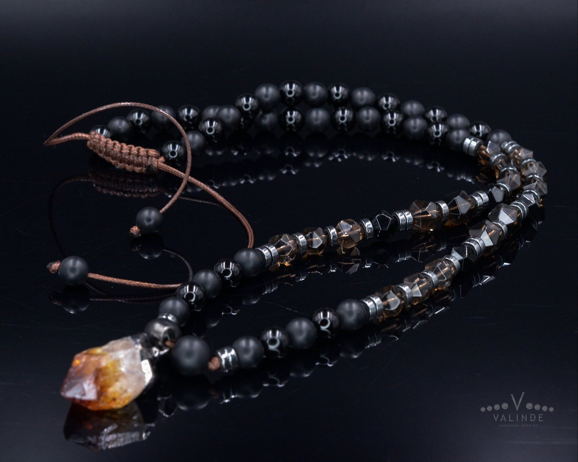 Raw Quartz Pendant Necklace - Men's Long Beaded Crystal Necklace - Black Onyx Necklace - Gift for Men - Smoky Quartz Necklace for Men - Shamballa Necklace - Birthstone Necklace - Gemstone Necklace Men - Chakra Necklace - Macrame Necklace  - Healing Necklace - Valinde
