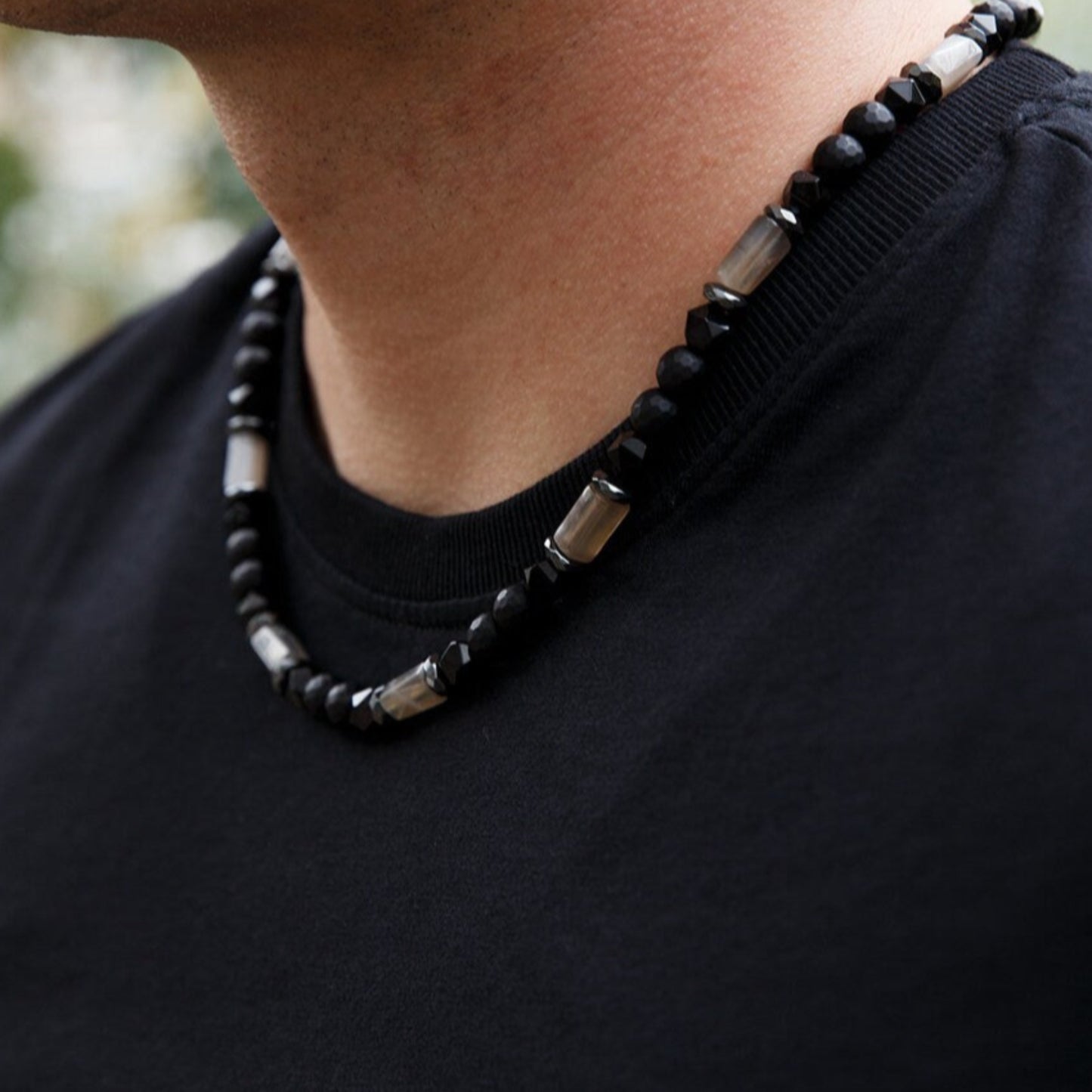 Men's Sunstone Necklace - Black Onyx Agate Hematite Beads Necklace - Short Adjustable Stone Necklace - Gift for Men - Father's Day Gift- Shamballa Necklace - Birthstone Necklace - Gemstone Necklace Men - Chakra Necklace - Macrame Necklace  - Healing Necklace - Valinde
