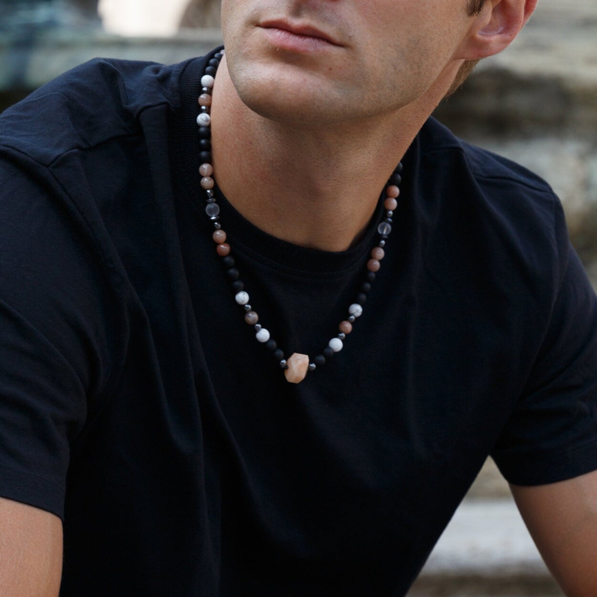 Men's Sunstone Short Necklace - Surfer Beaded Necklace - Black Onyx Necklace - Adjustable Necklace - Gift for Men -Howlite Hematite Necklace