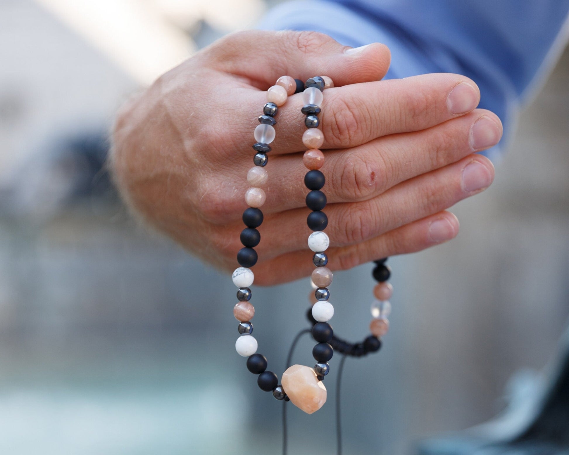 Men's Sunstone Short Necklace - Surfer Beaded Necklace - Black Onyx Necklace - Adjustable Necklace - Gift for Men -Howlite Hematite Necklace - Shamballa Necklace - Birthstone Necklace - Gemstone Necklace Men - Chakra Necklace - Macrame Necklace  - Healing Necklace - Valinde
