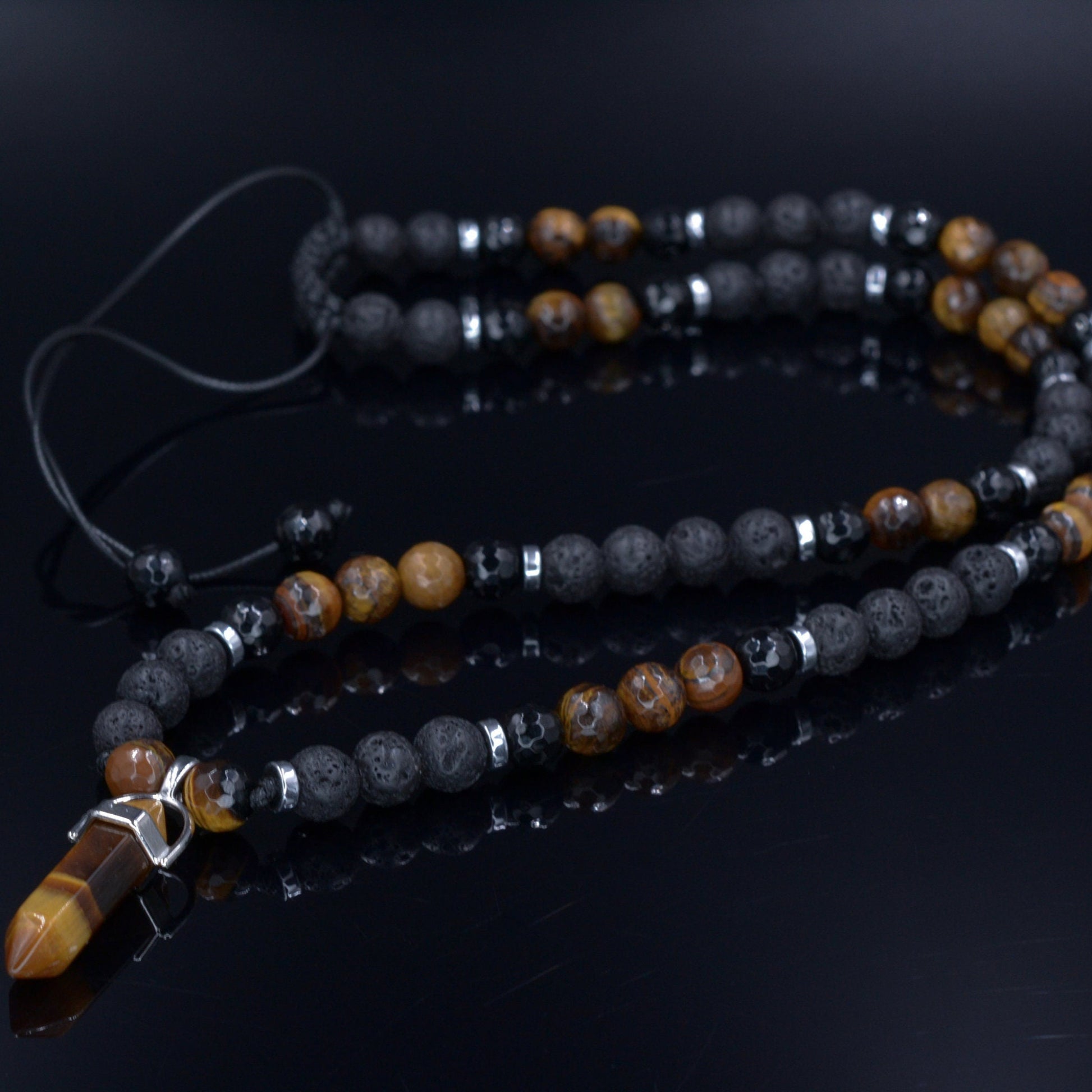 Men's Lava Stone Beaded Necklace - Tiger's Eye Pendant Necklace - Gift for Men - Long Necklace - Father's Day Gift - Crystal Necklace - Shamballa Necklace - Birthstone Necklace - Gemstone Necklace Men - Chakra Necklace - Macrame Necklace  - Healing Necklace - Valinde