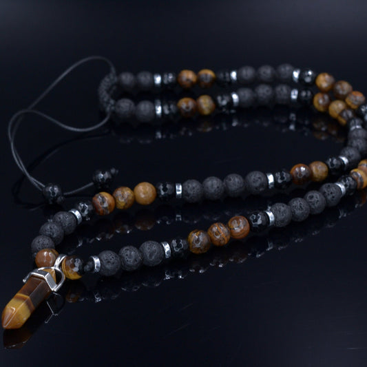 Men's Lava Stone Beaded Necklace - Tiger's Eye Pendant Necklace - Gift for Men - Long Necklace - Father's Day Gift - Crystal Necklace - Shamballa Necklace - Birthstone Necklace - Gemstone Necklace Men - Chakra Necklace - Macrame Necklace  - Healing Necklace - Valinde